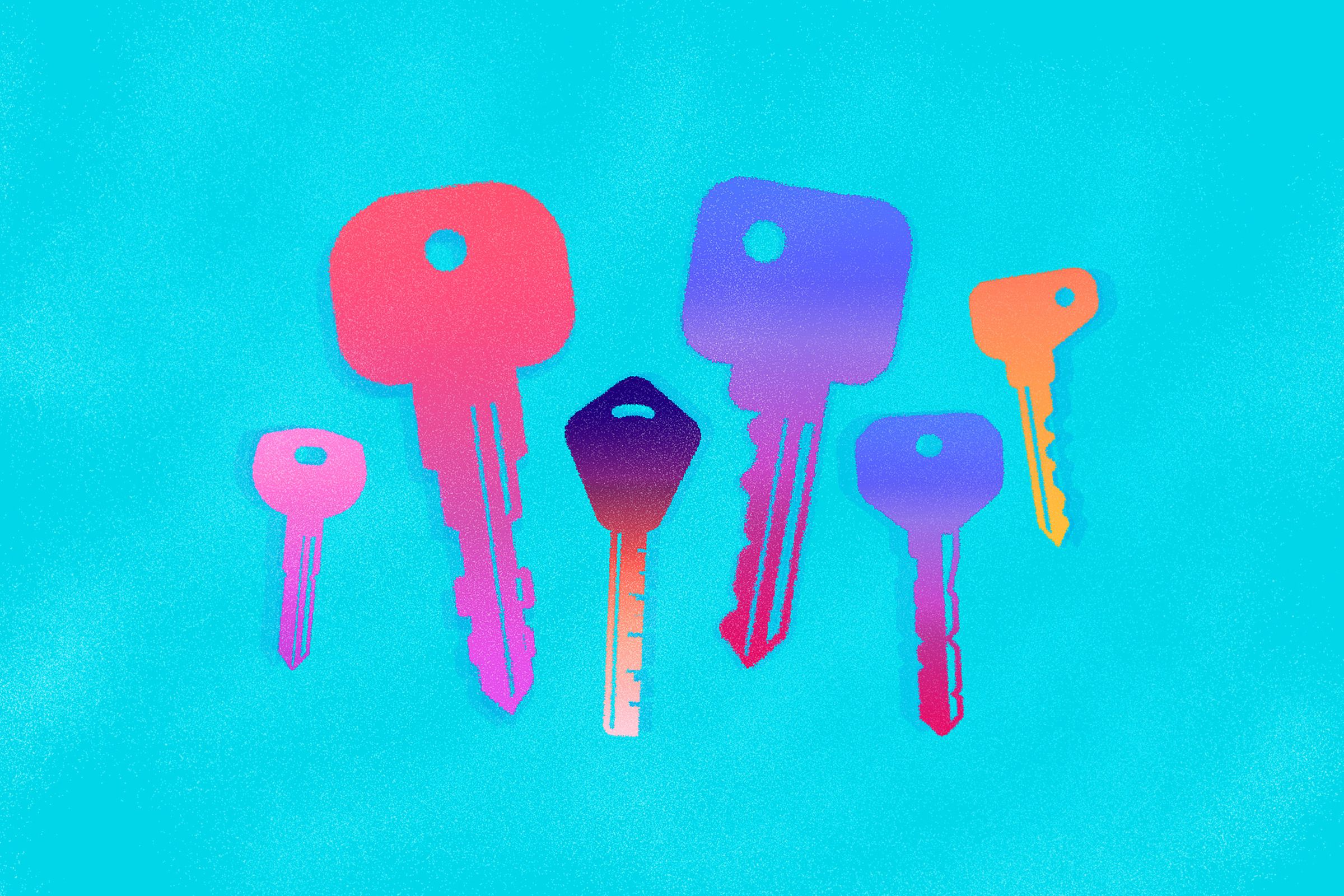 Illustration showing six different multicolored door keys on a light blue background.