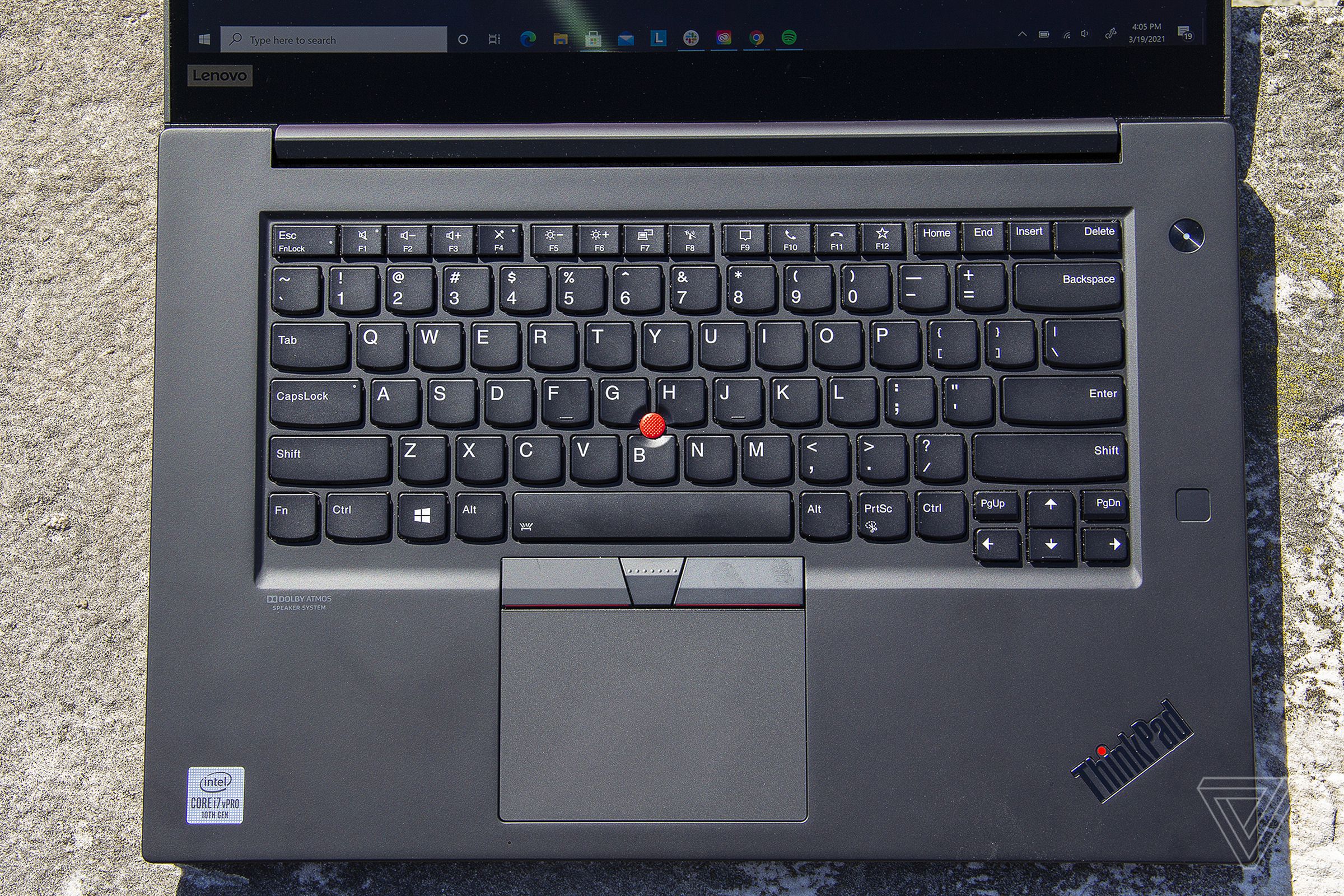 The keyboard and touchpad of the Thinkpad X1 Extreme Gen 3 from above.