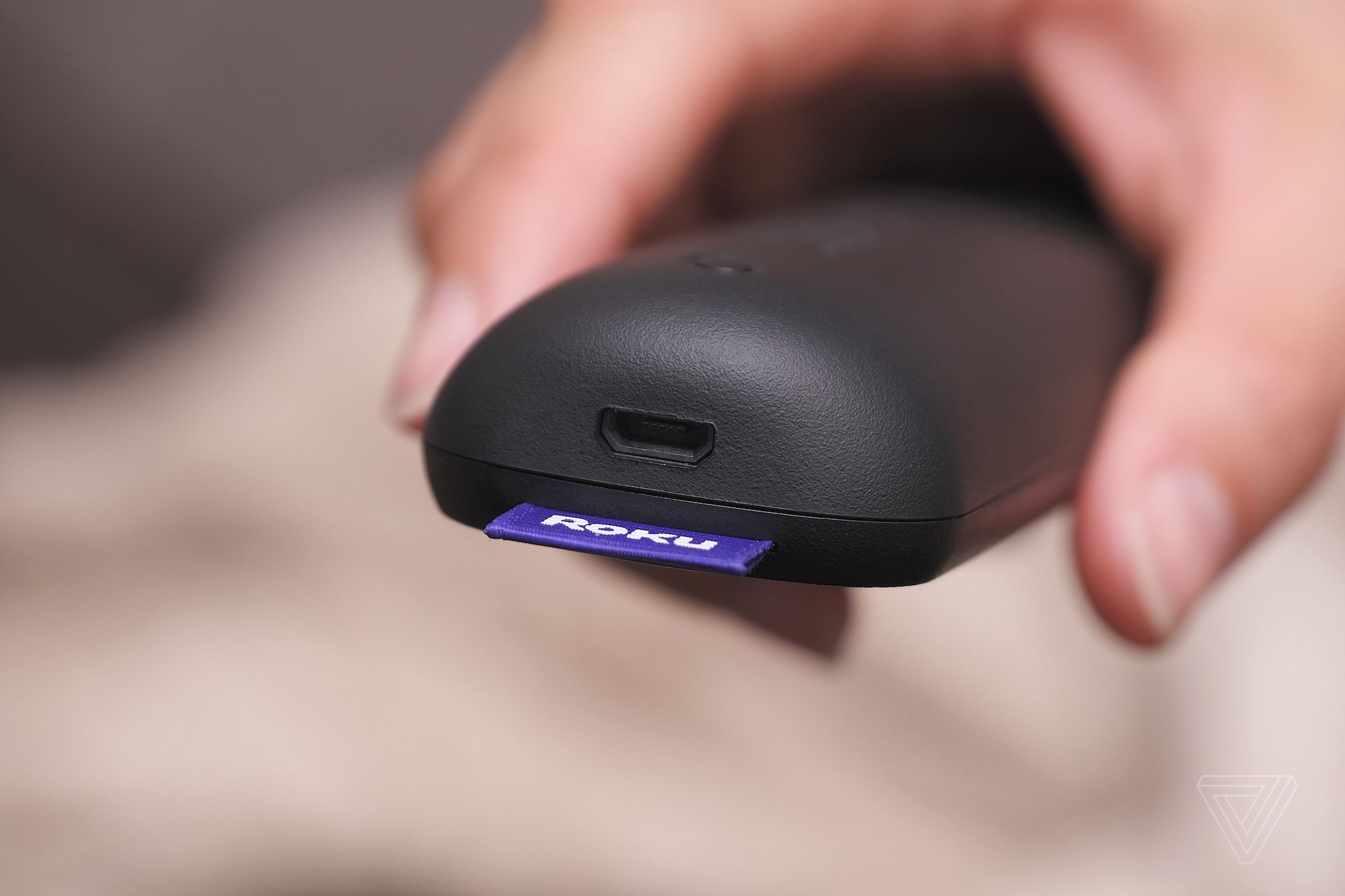 The Voice Remote Pro has a rechargeable battery that uses a Micro USB connector.