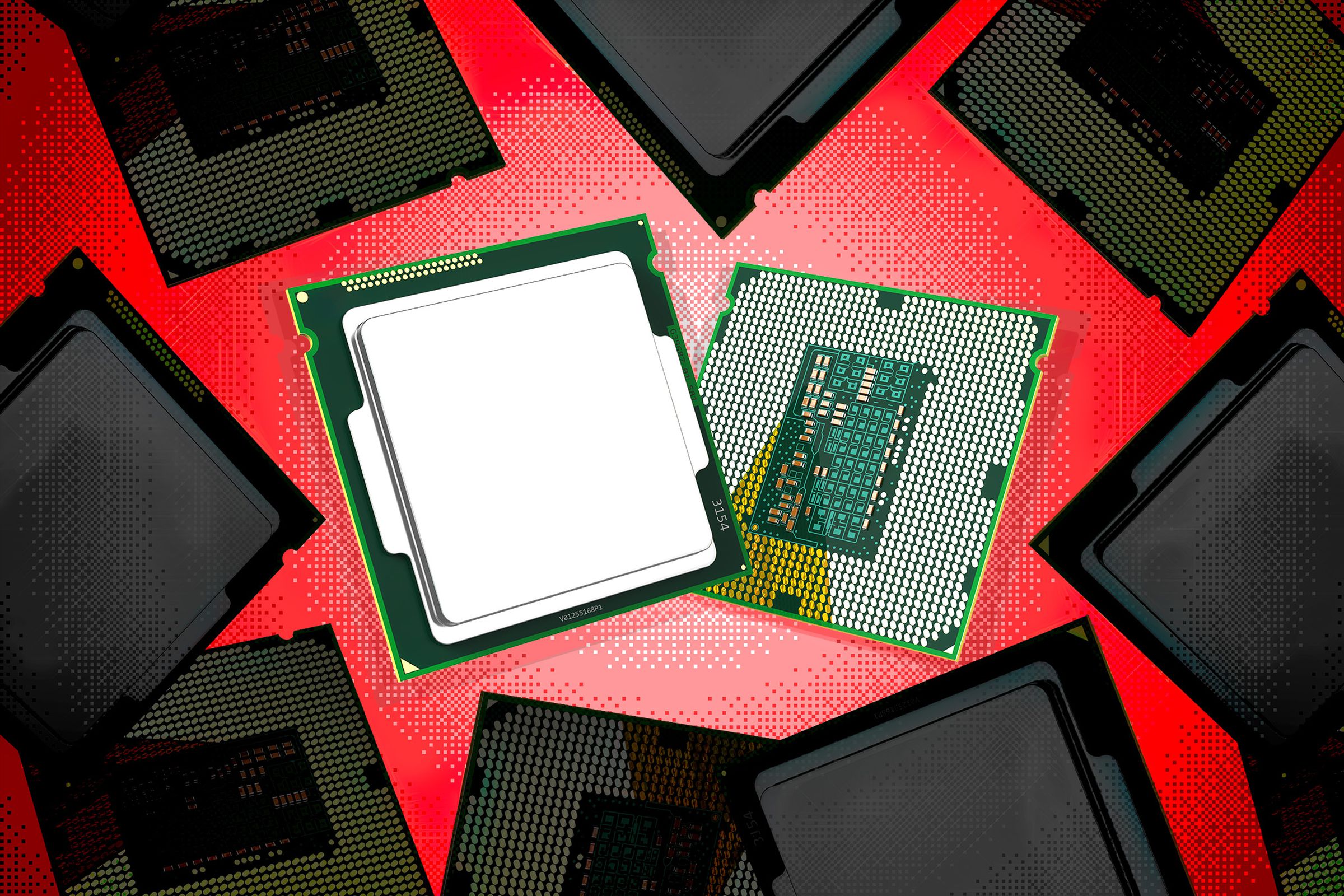 CPUs surrounded by shadowy ones, kinda spooky and the background is red