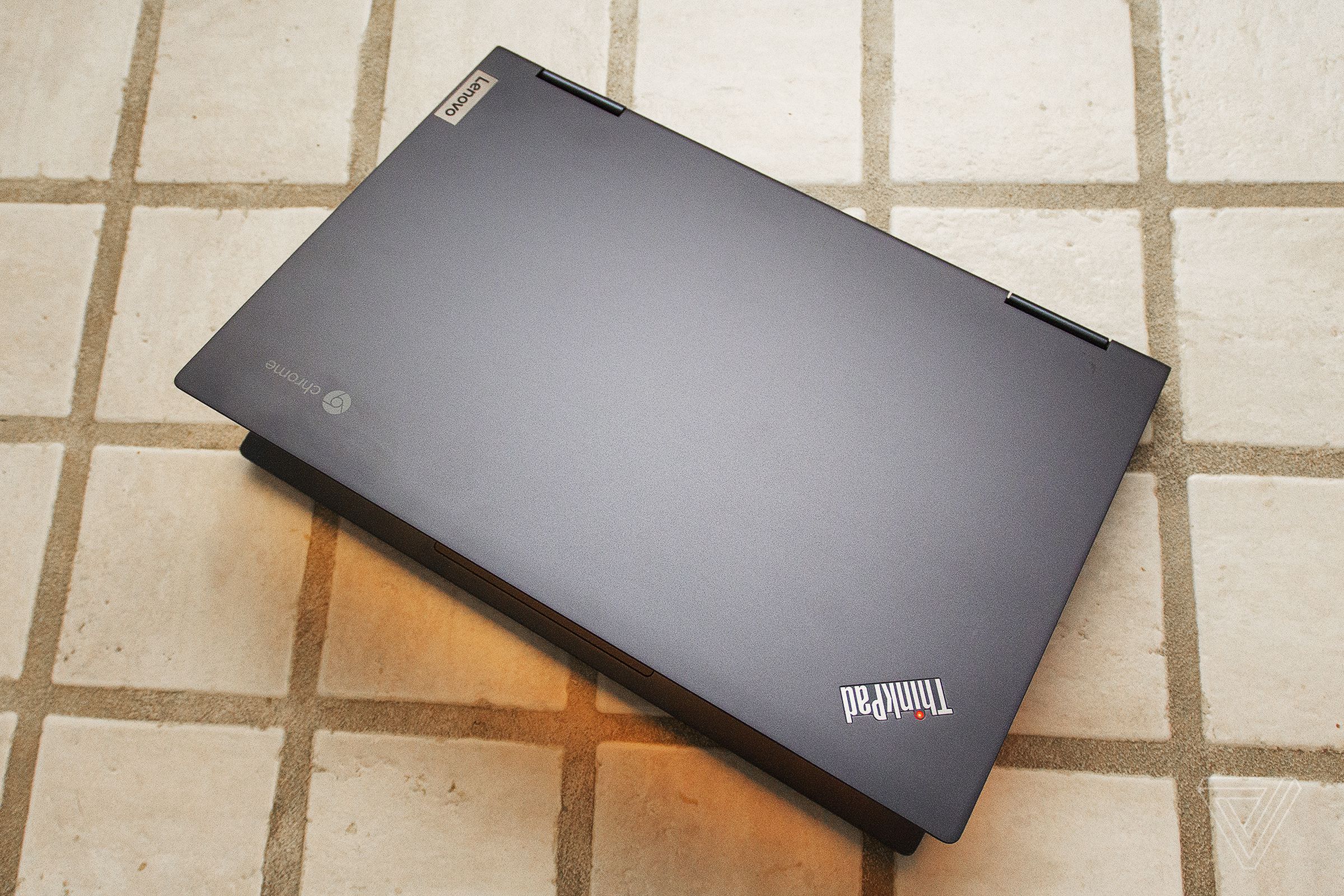 Lenovo ThinkPad C13 Yoga Chromebook seen from above half open.