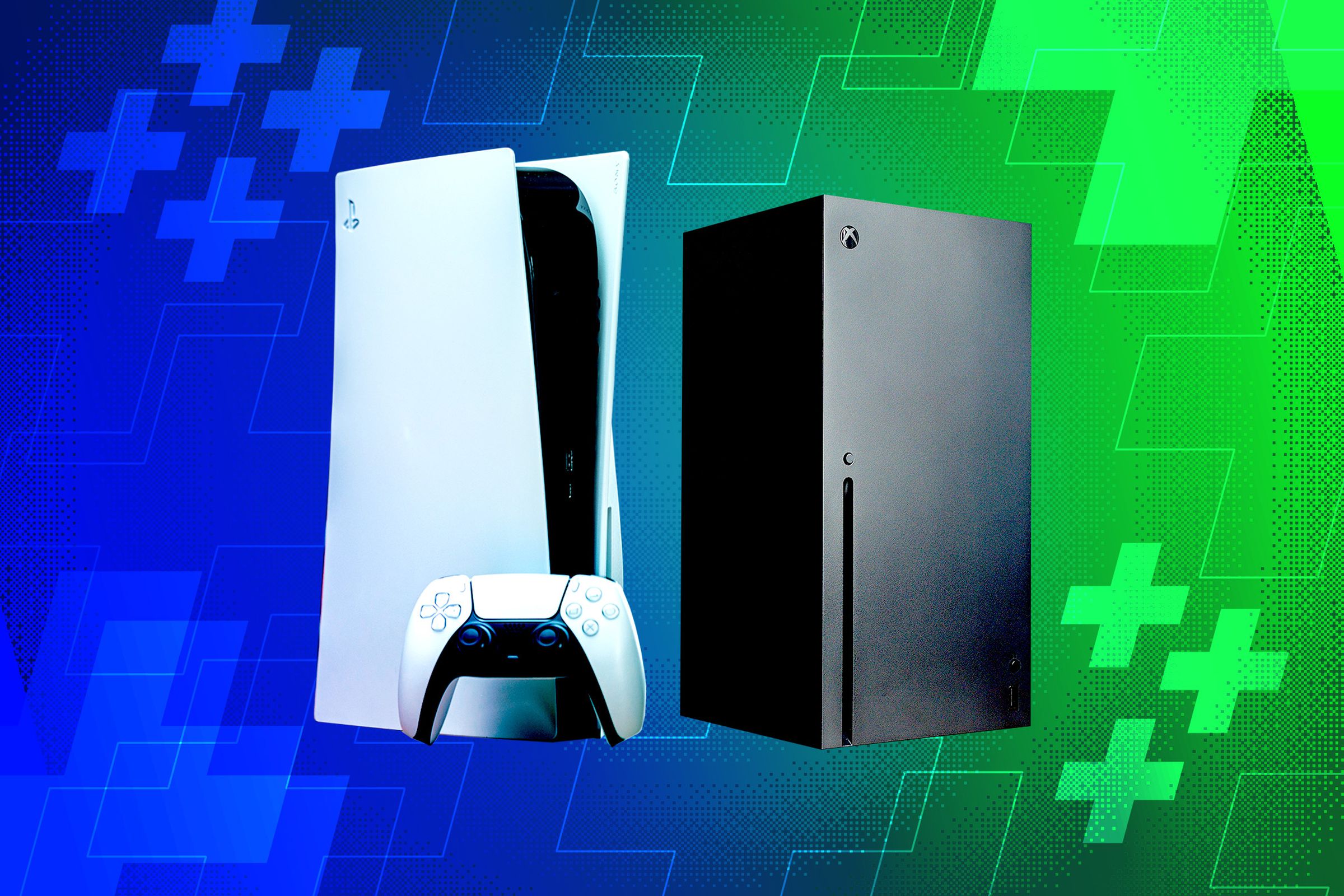 An illustration of the PlayStation 5 and Xbox Series X consoles on a blue and green background.