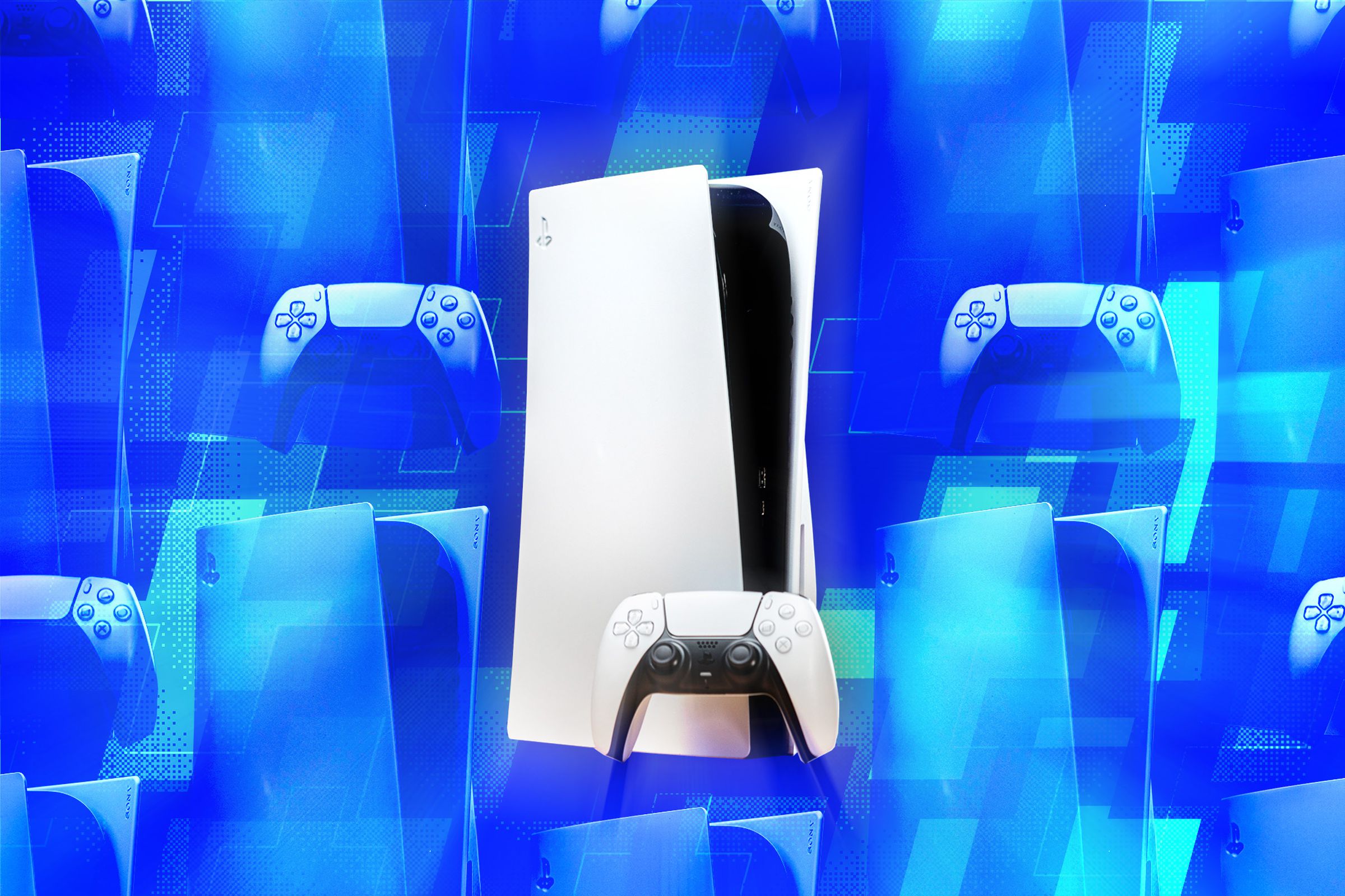 A photo of the PlayStation 5 console with its controller in front of a blue illustrative background made up of tiled PS5 consoles.