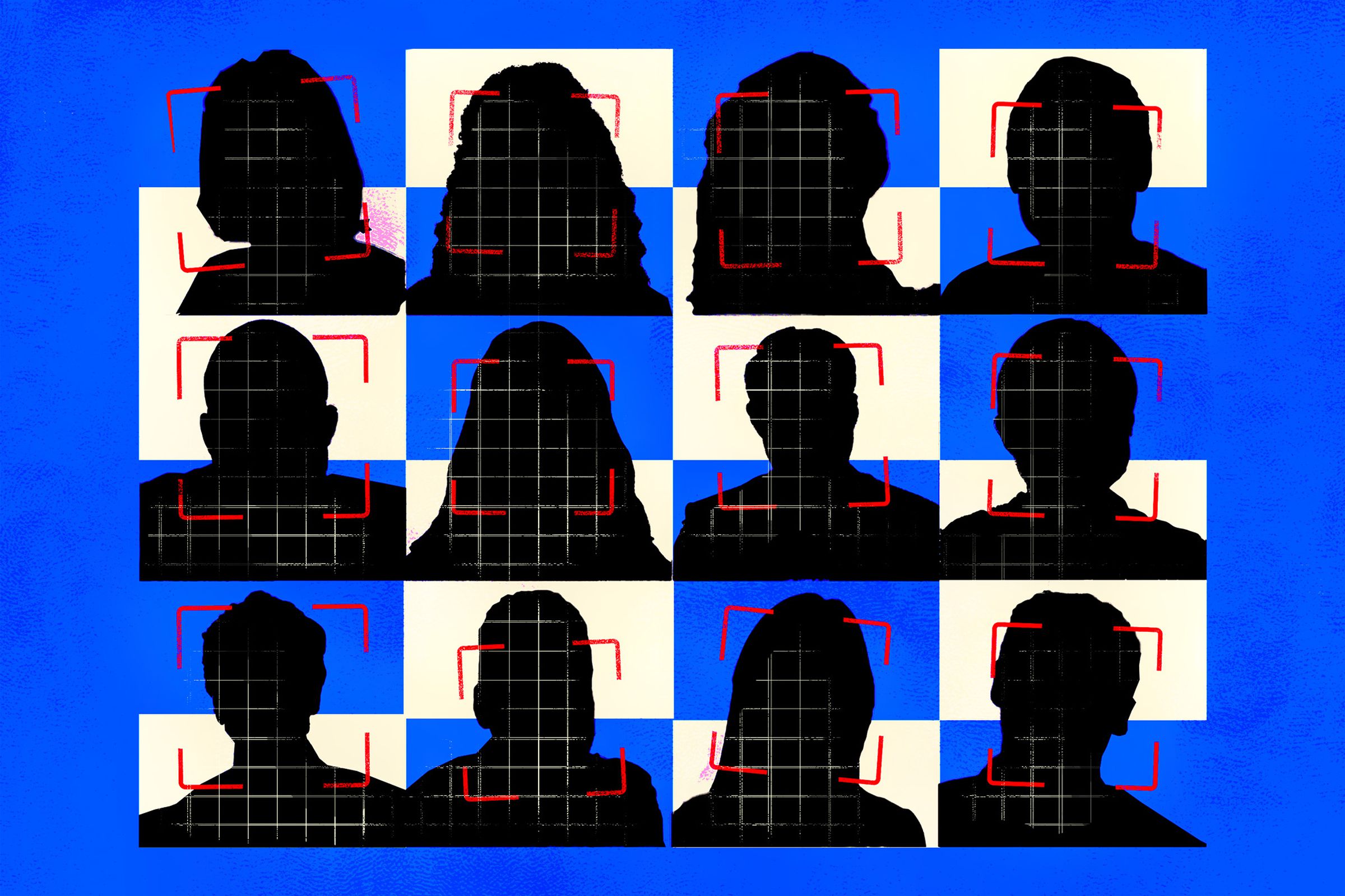 A blue, cream, and black grid of face silhouettes with red “lock on” frames over them.
