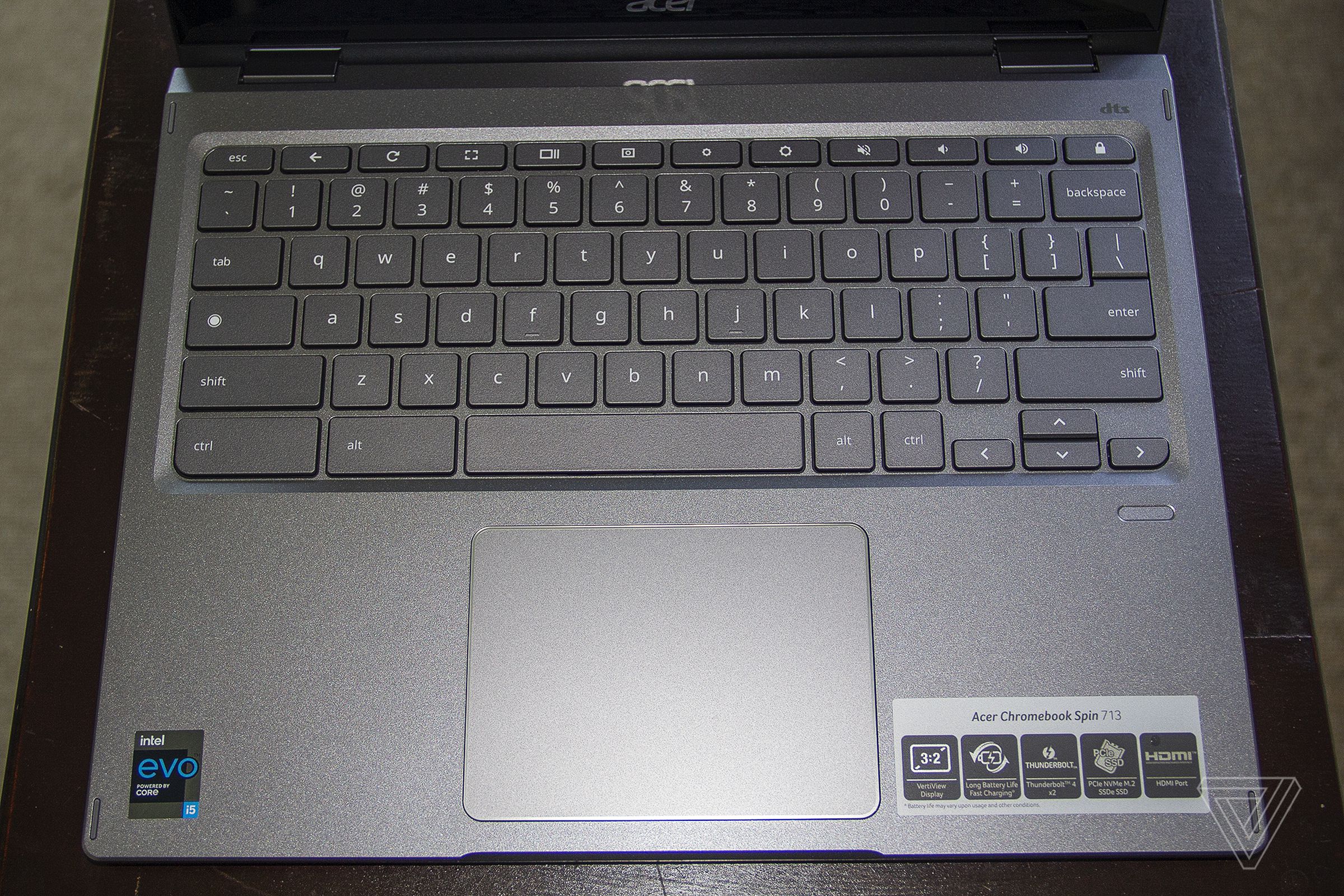 The Acer Chromebook Spin 713 keyboard deck seen from above.