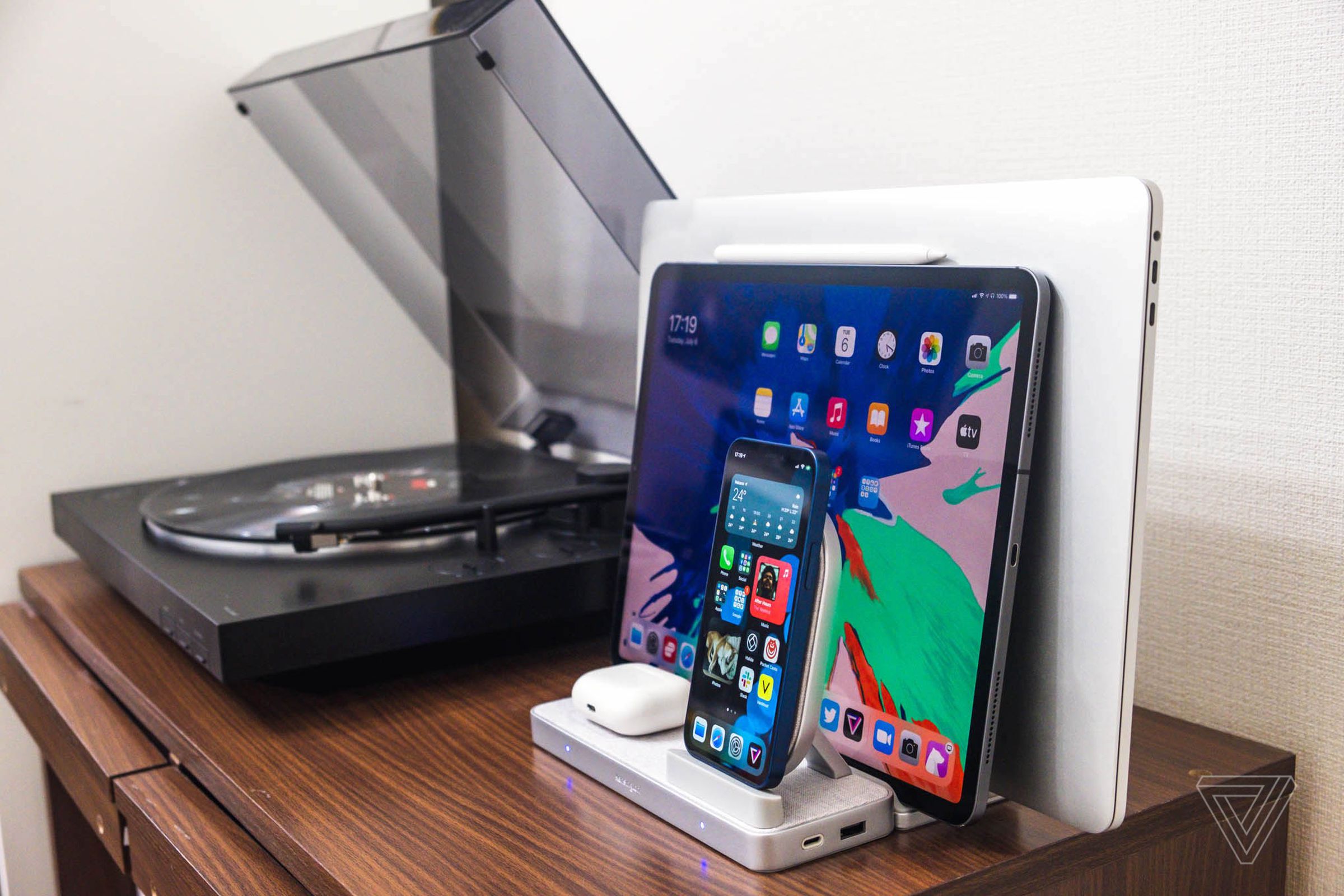 The StudioCaddy has USB-A and USB-C charging ports on the side.