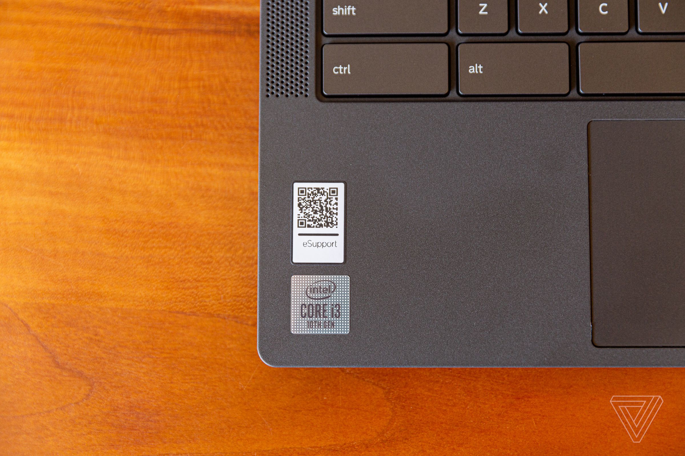 The Intel Core i3 sticker up close on the Lenovo Flex 5 Chromebook.