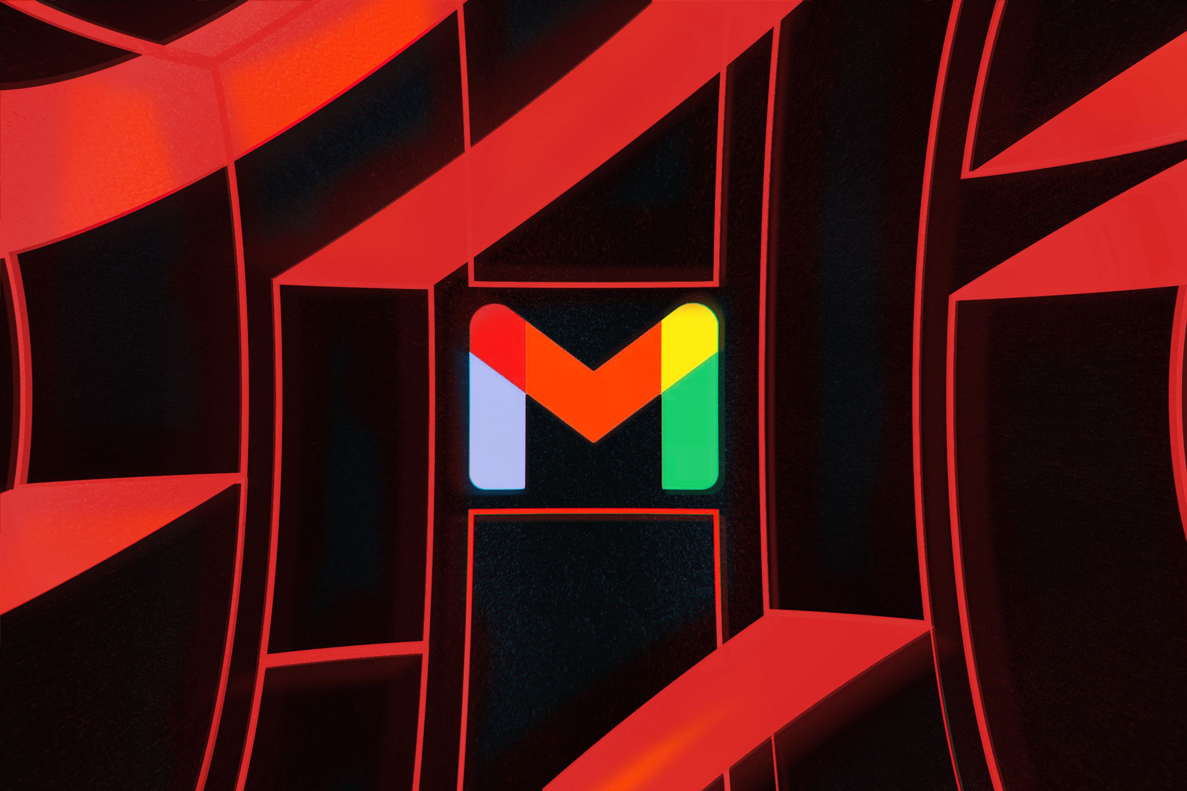 Illustration of the Gmail logo on a black and red logo.
