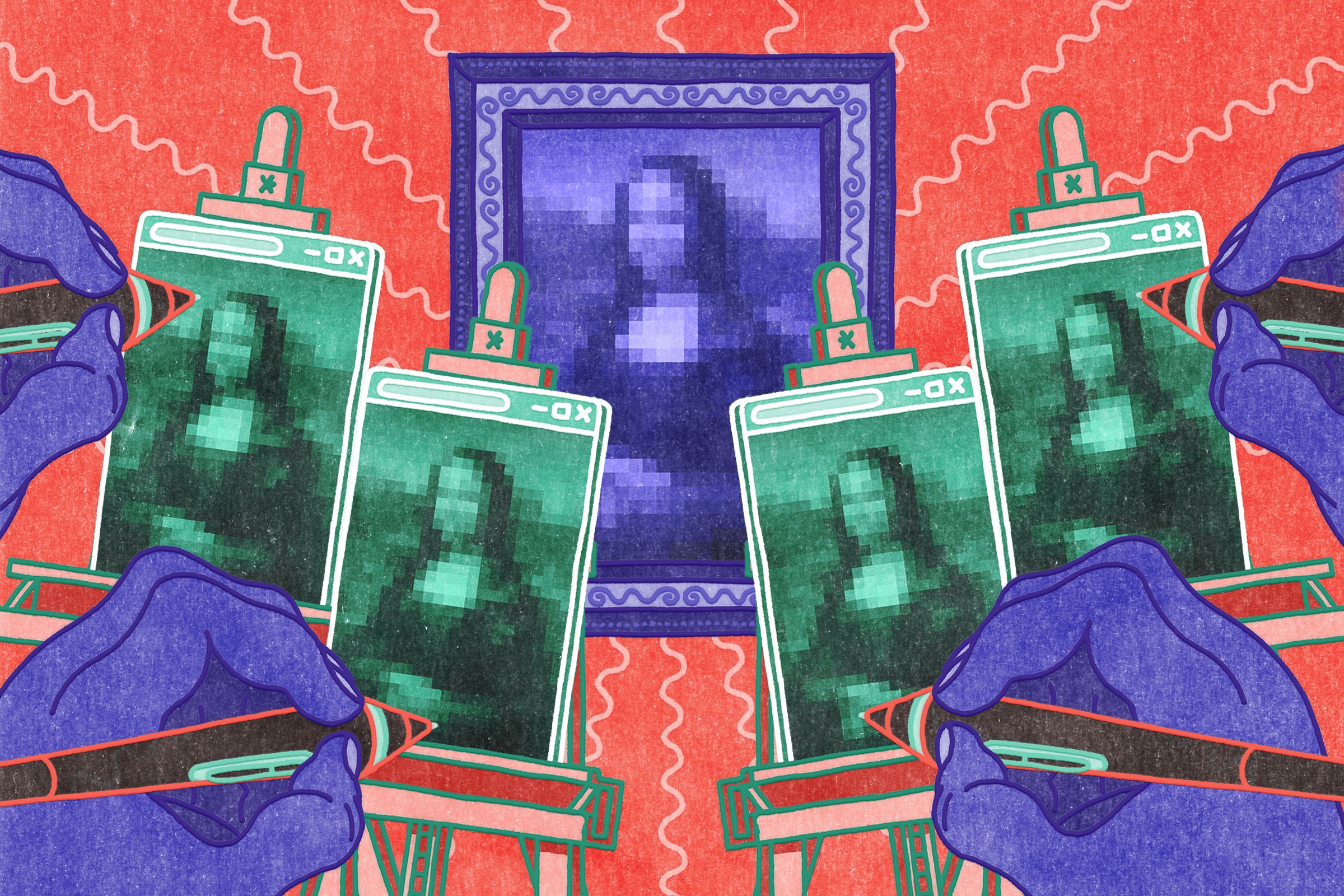 A stylized illustration of artists all copying the same pixelated Mona Lisa.