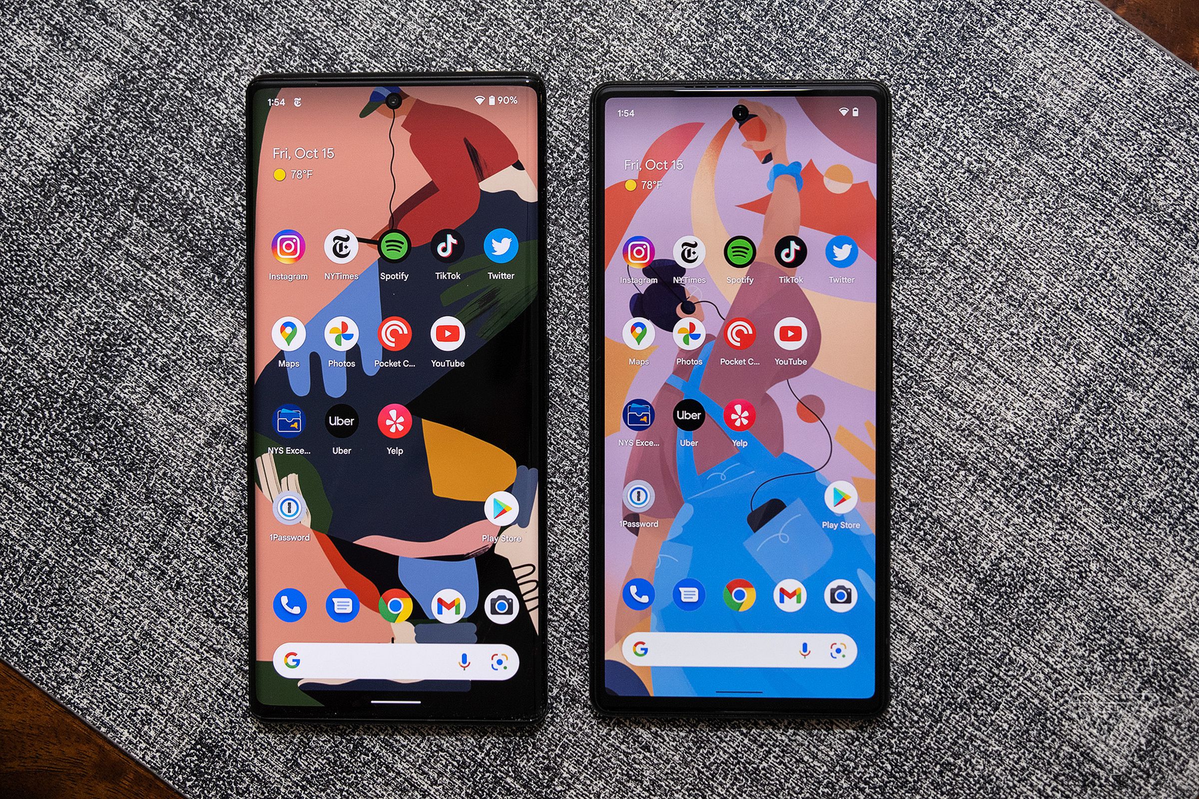 Both the Pixel 6 Pro (left) and the Pixel 6 are large phones — Google isn’t offering small and large options this year.
