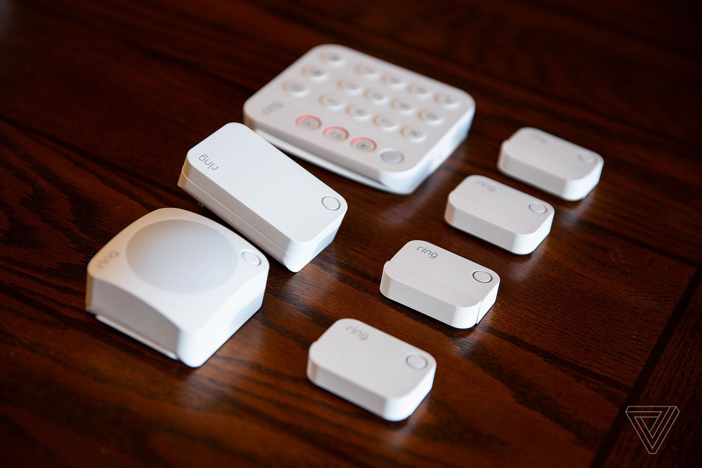 The Ring Alarm Pro eight-piece set comes with the base station (not pictured), four contact sensors, a motion sensor, a Z-Wave range extender and a keypad.