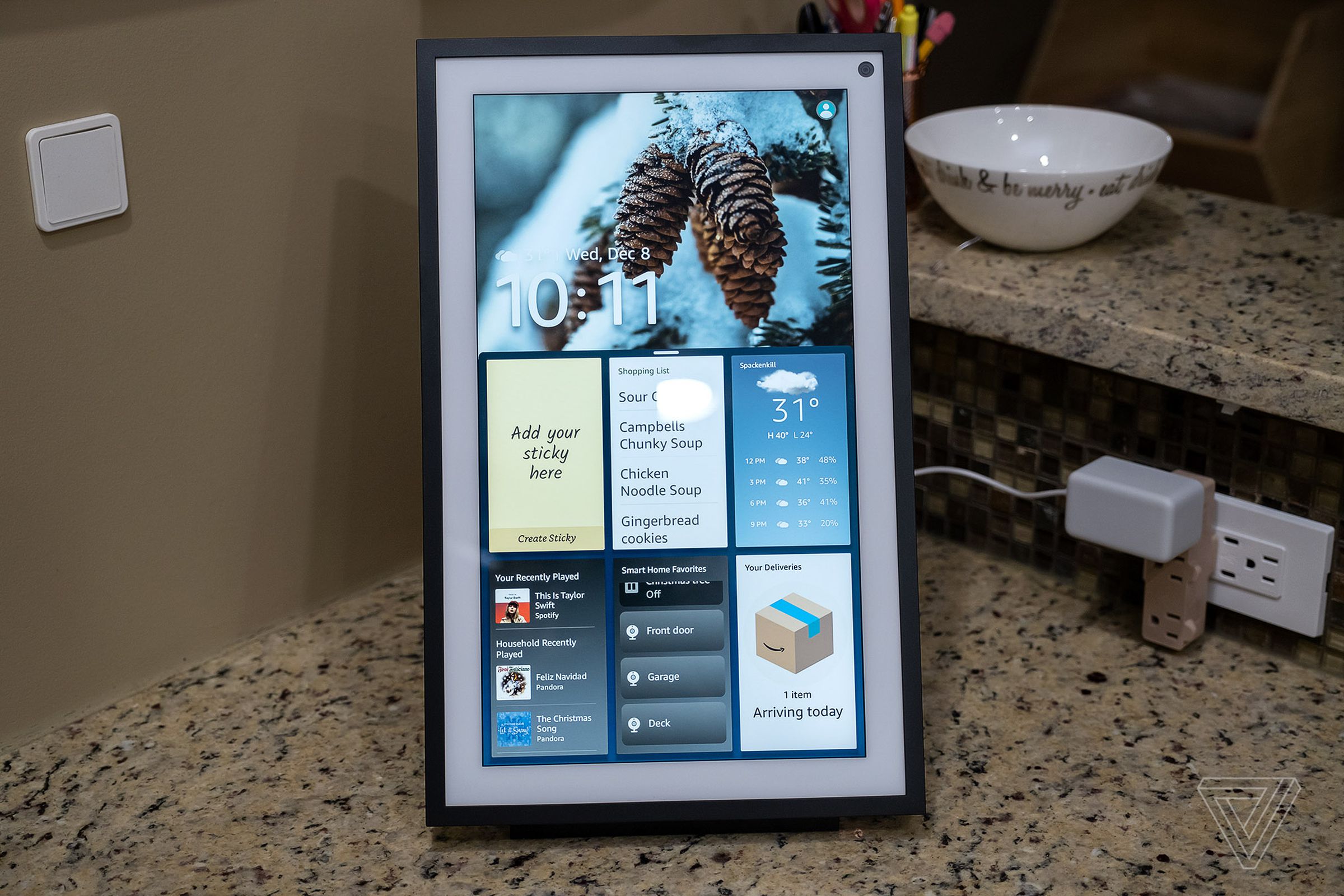 The Echo Show 15 can be mounted on a desktop with the purchase of a separate stand.