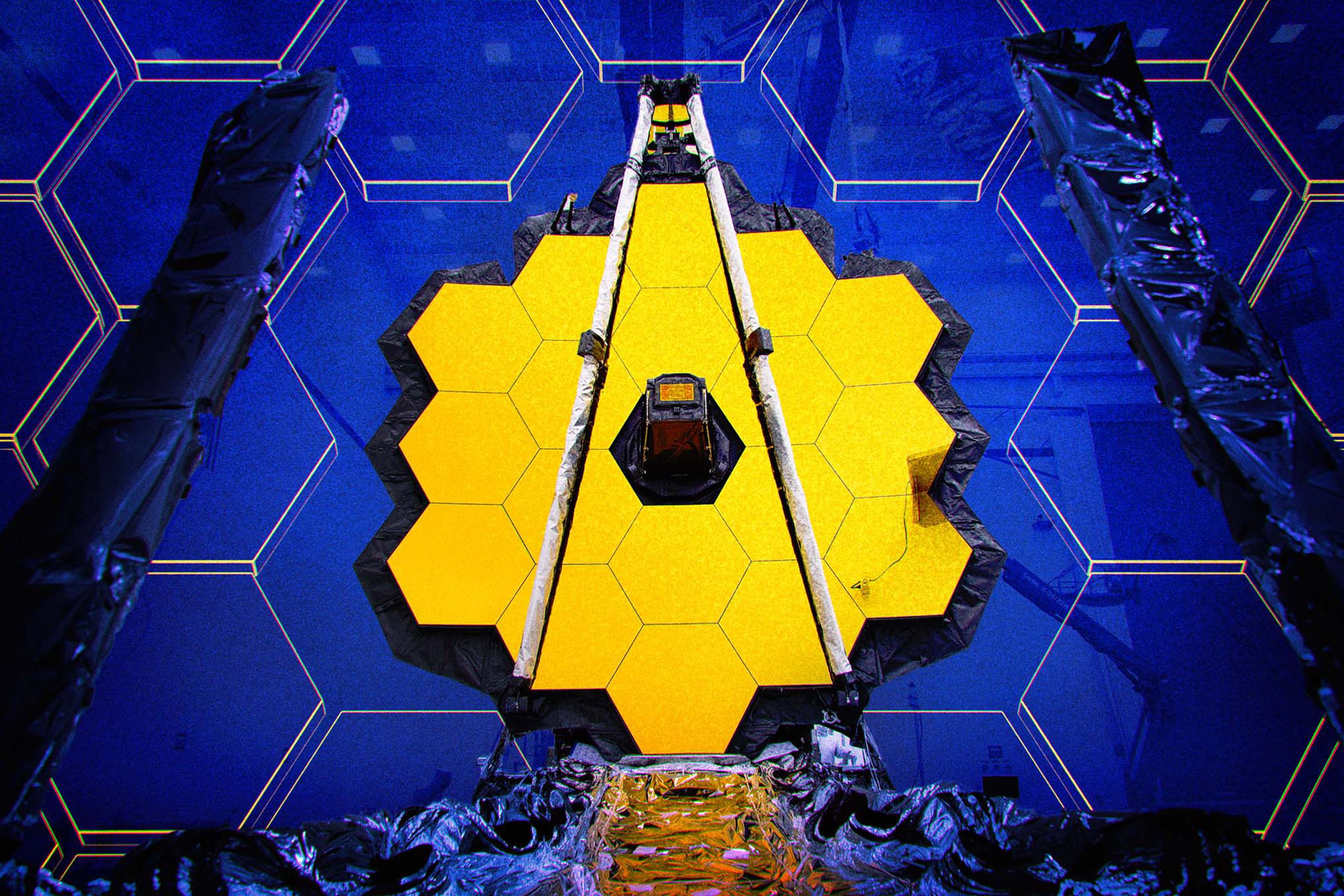 Yellow hexagons make up the JWST mirror against a blue backdrop.