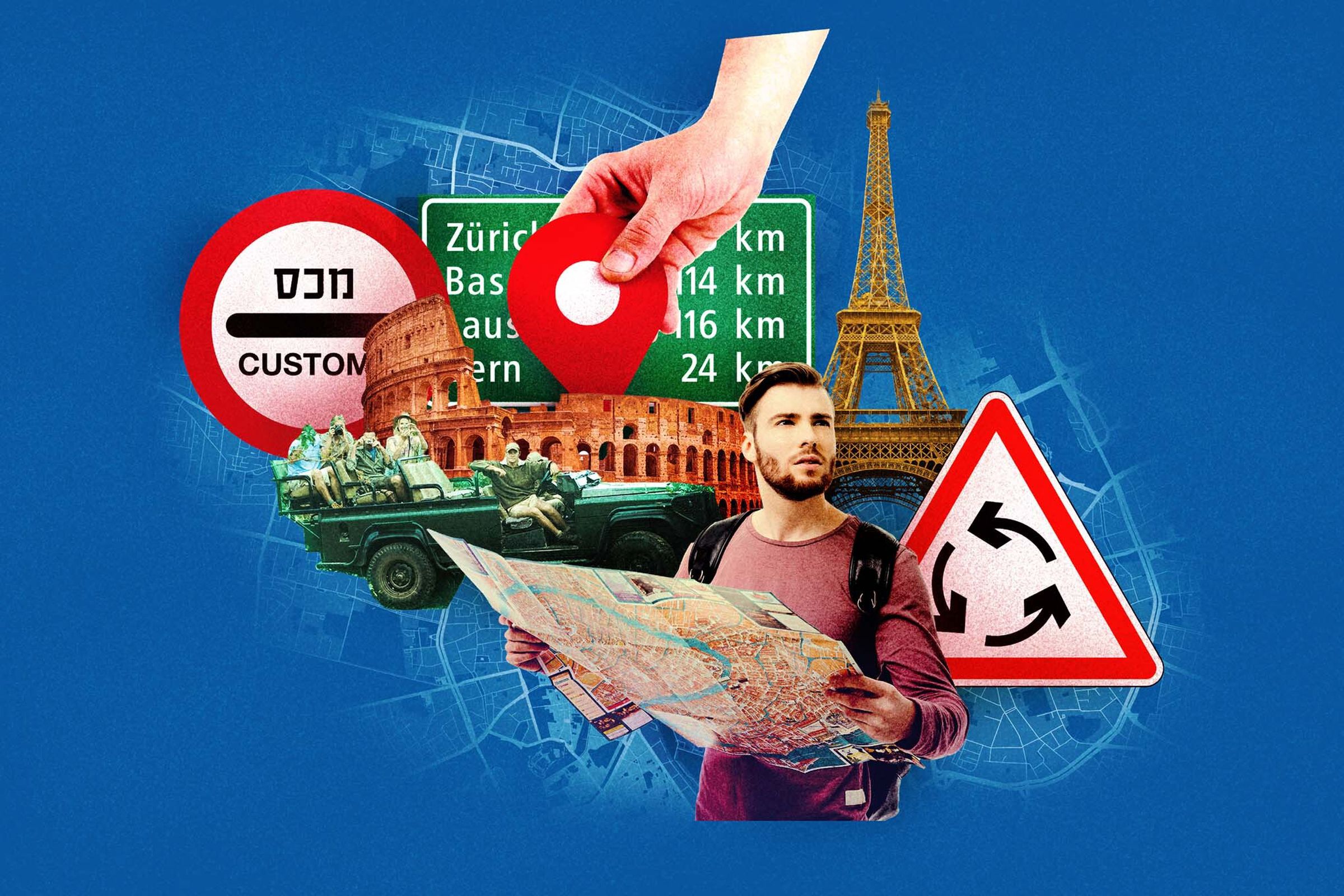 A collage of famous landmarks (Eiffel Tower, the Colosseum), confusing signage, and maps.