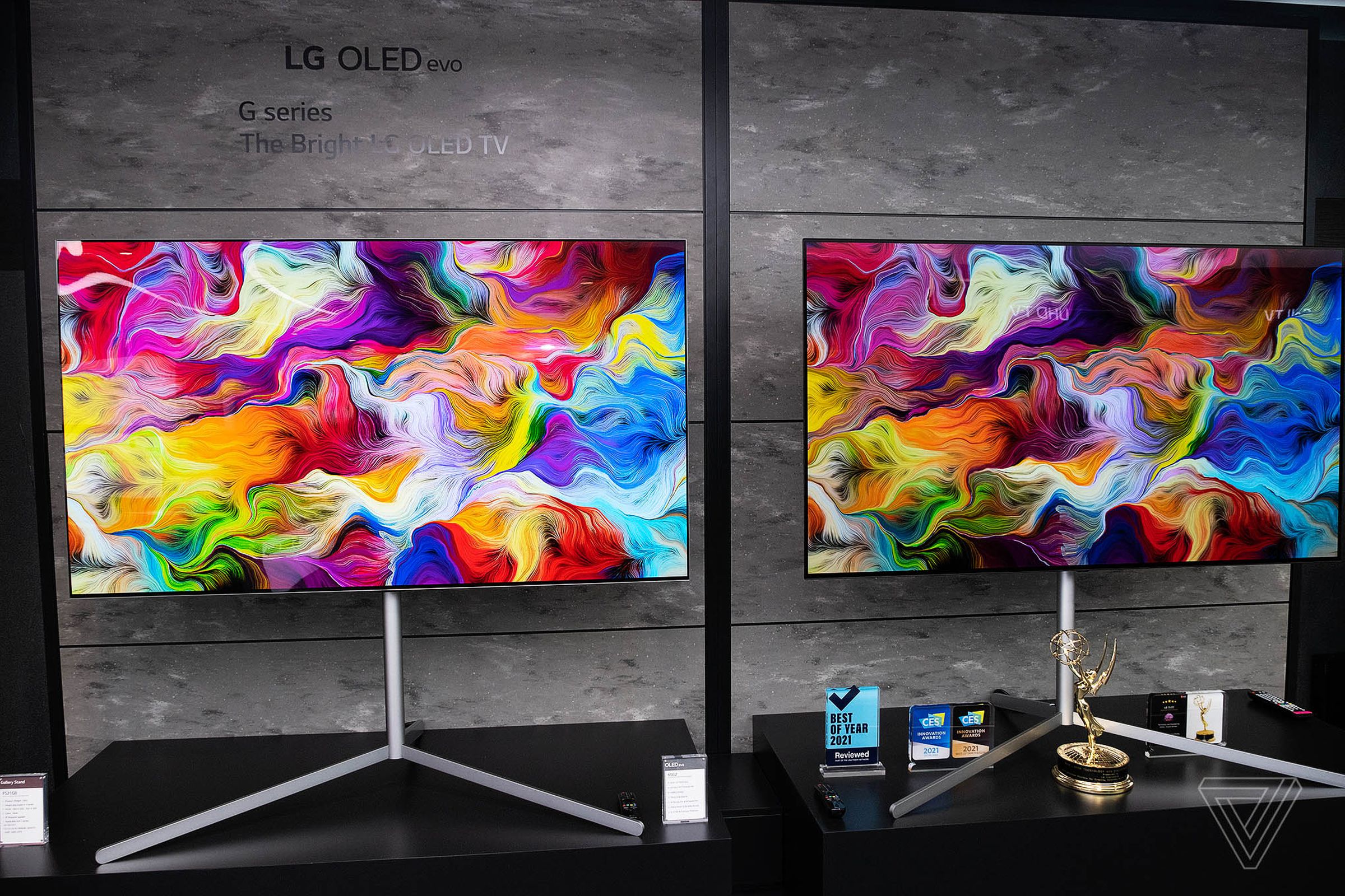 LG’s G2 (left) shown next to last year’s C1 OLED (right), which isn’t exactly the right comparison.