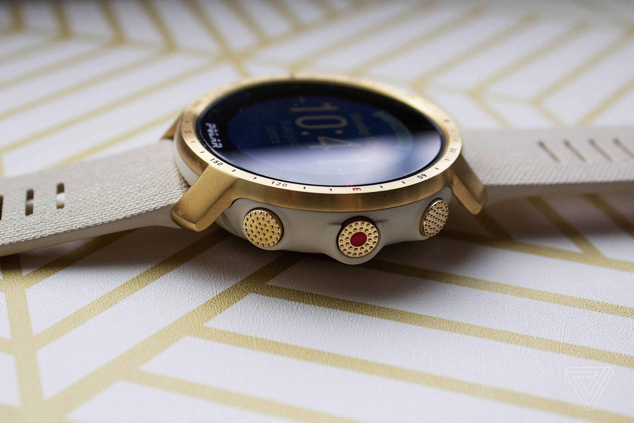 You can see the compass etchings on the bezel, as well as three of the watch’s five physical buttons.