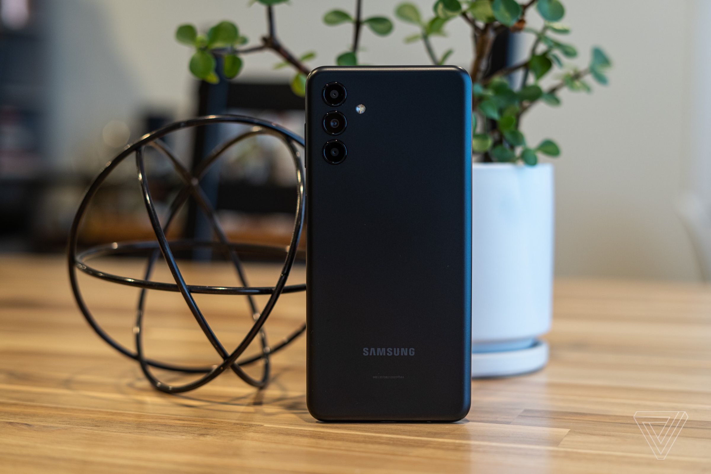 Rear shot of the Samsung A13 5G standing upright on a wooden tabletop in front of a potted jade plant and a black metal wire sphere thing.