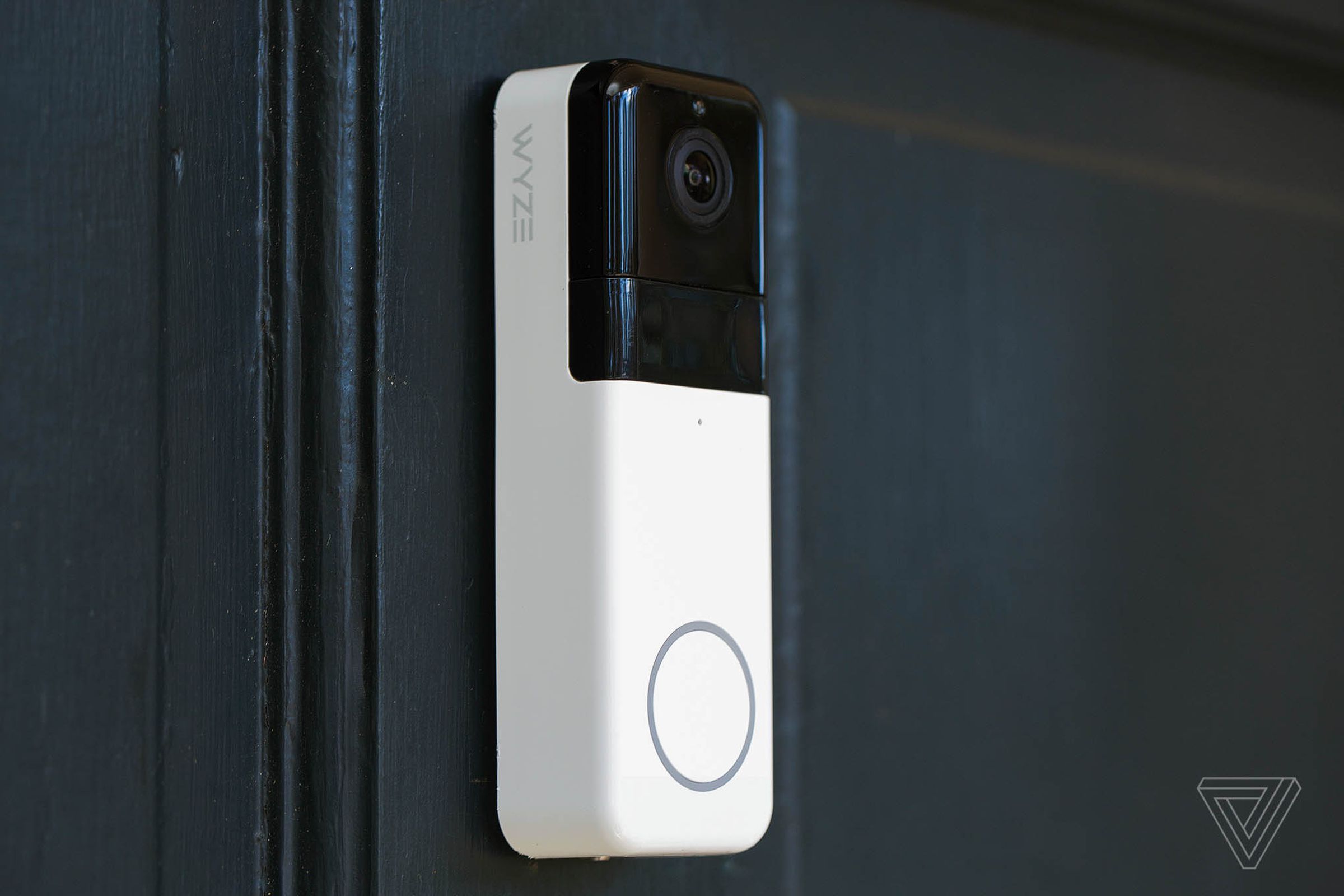 The Wyze Pro doorbell is 5.5 inches tall, 1.8 inches wide, and 1.1 inches thick. Blue LEDs light up the button when the camera detects motion.