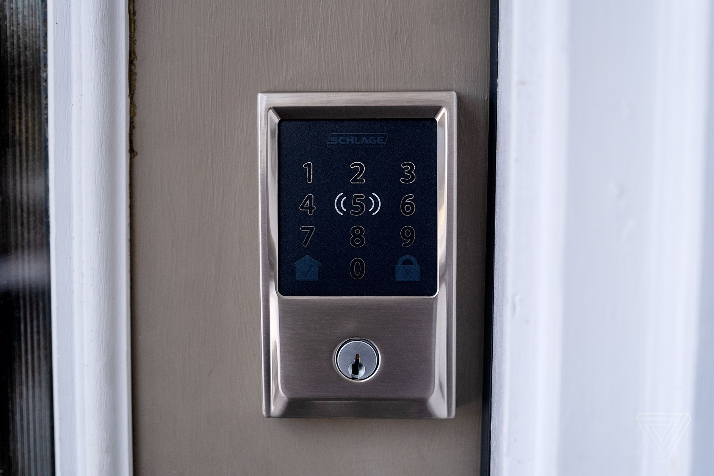 A smart door lock on a front door