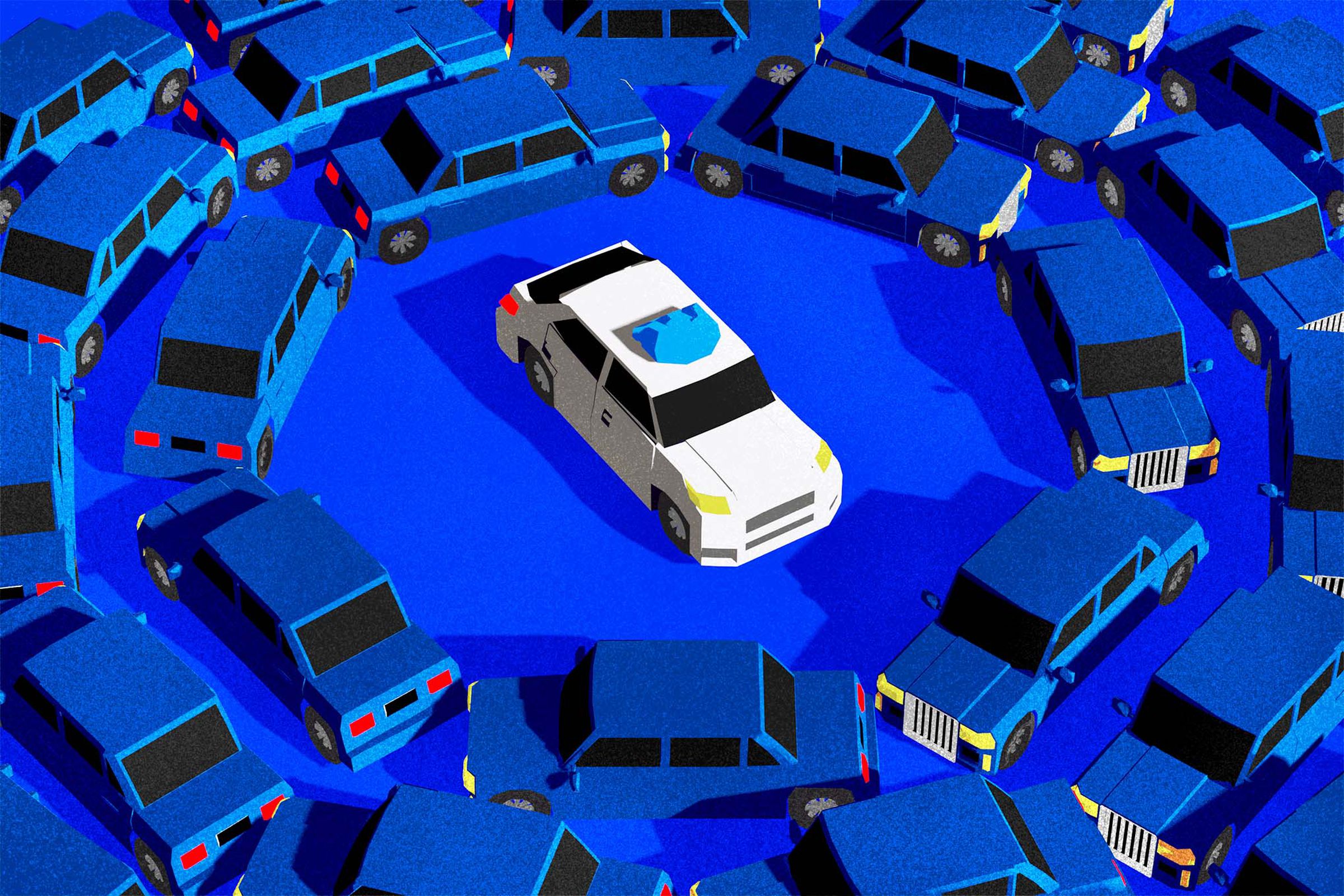 Driverless car surrounded by regular cars