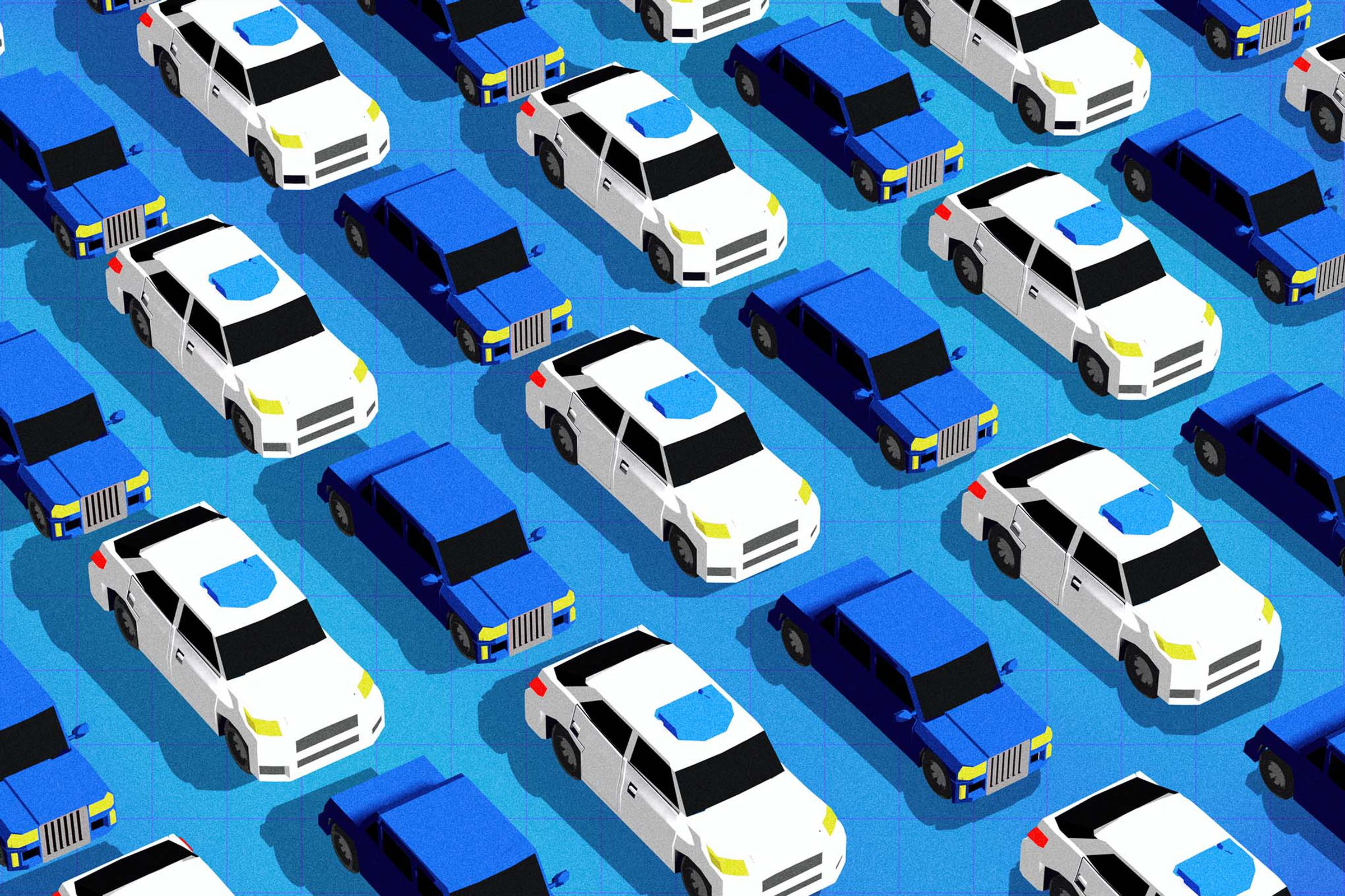 An illustration of alternating blue and white vehicles over a blue background