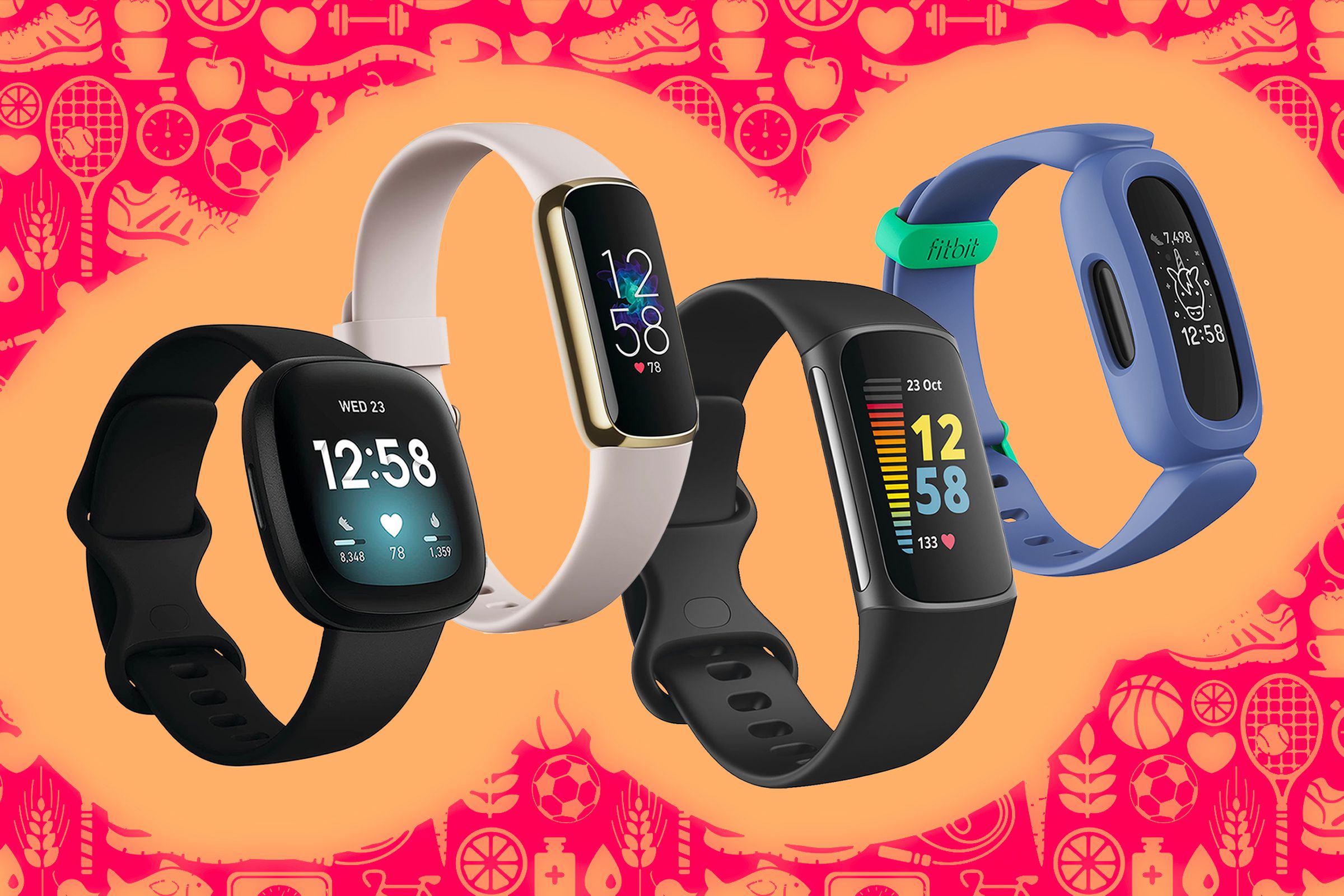 The Fitbit Versa, Fitbit Luxe, Fitbit Charge 5, and Fitbit Ace 3 fitness trackers, on an orange and red background.