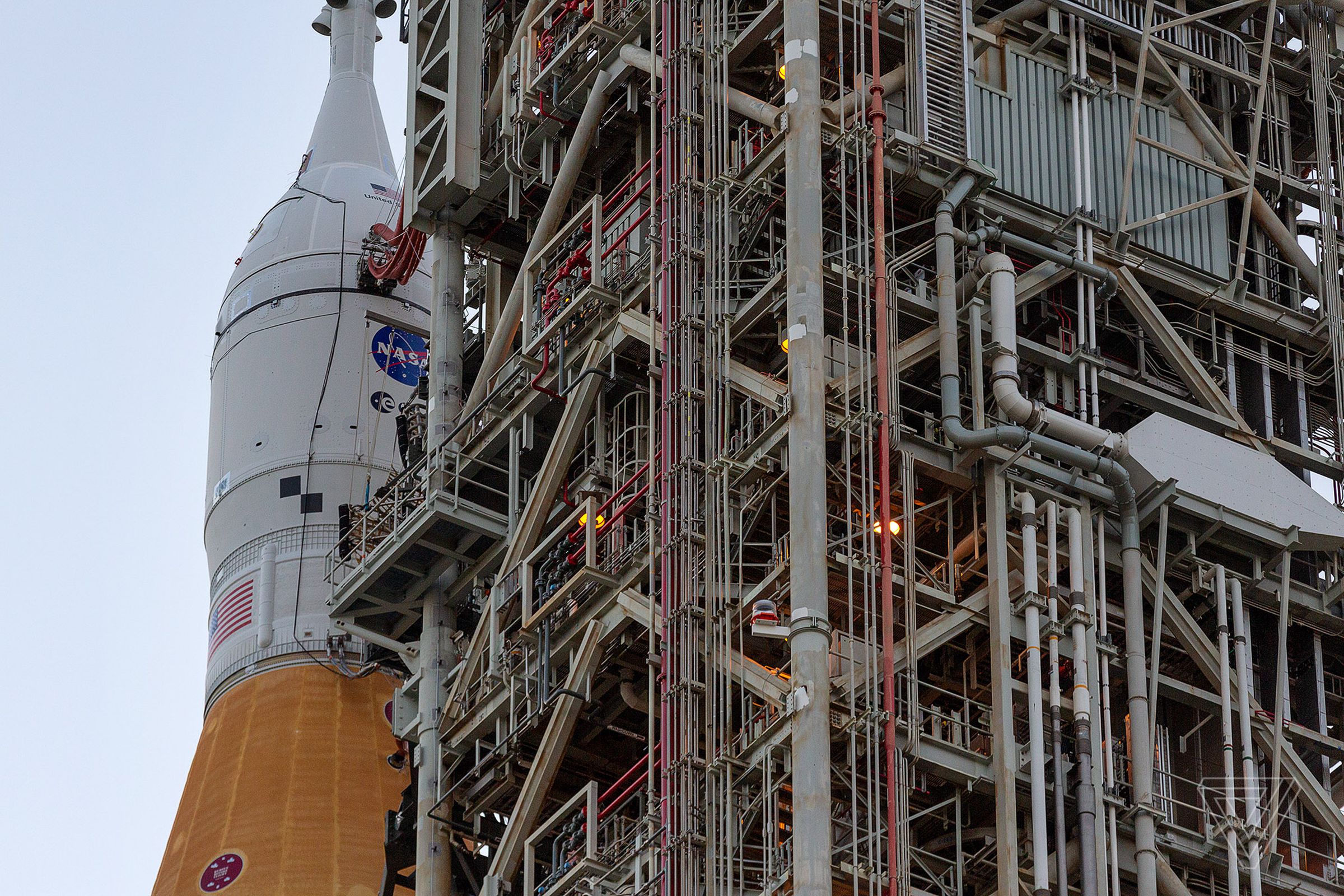 The mobile launch platform umbilical cords are attached to the rocket.