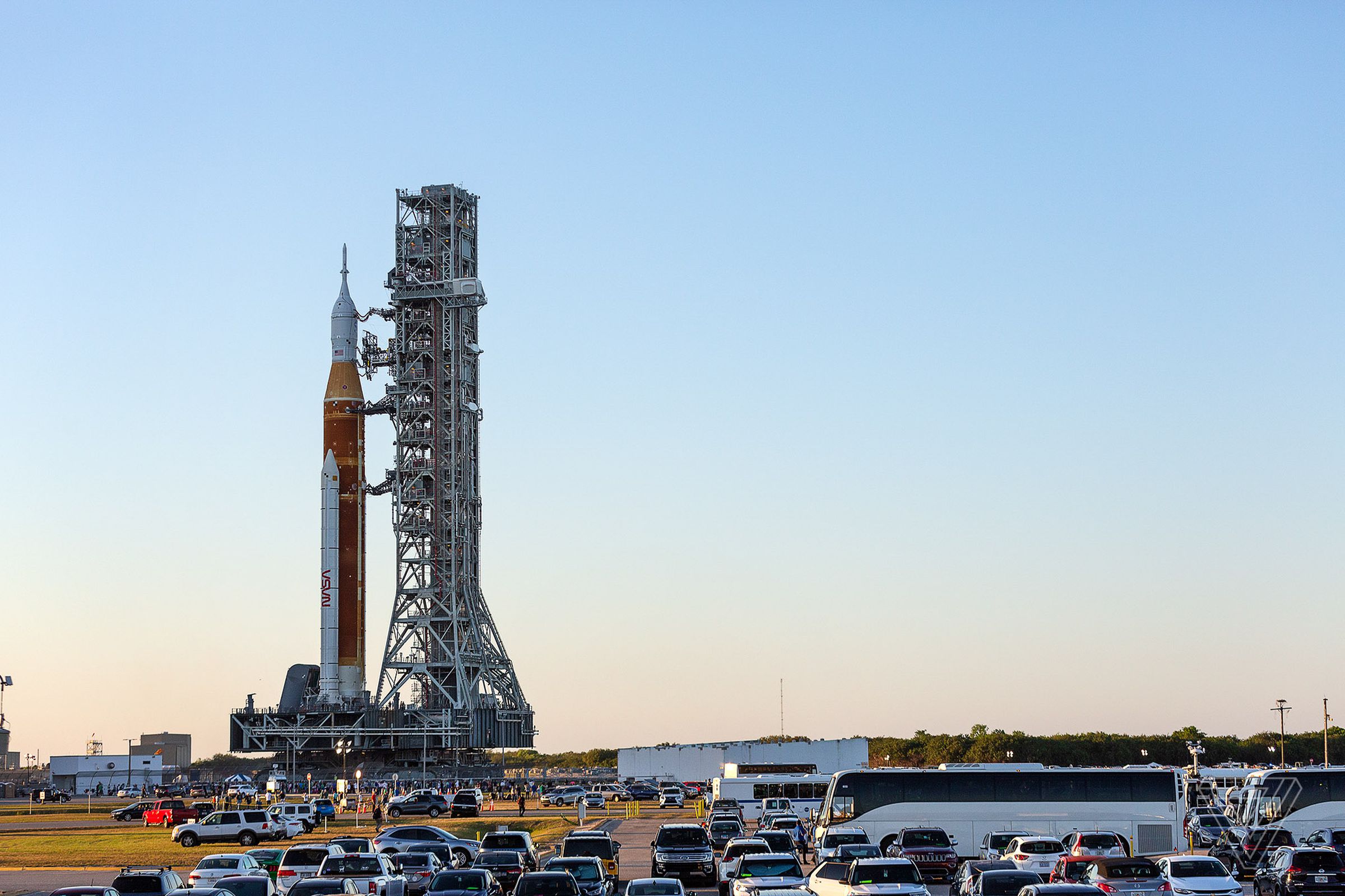 The SLS on the mobile launch platform as the sun sets