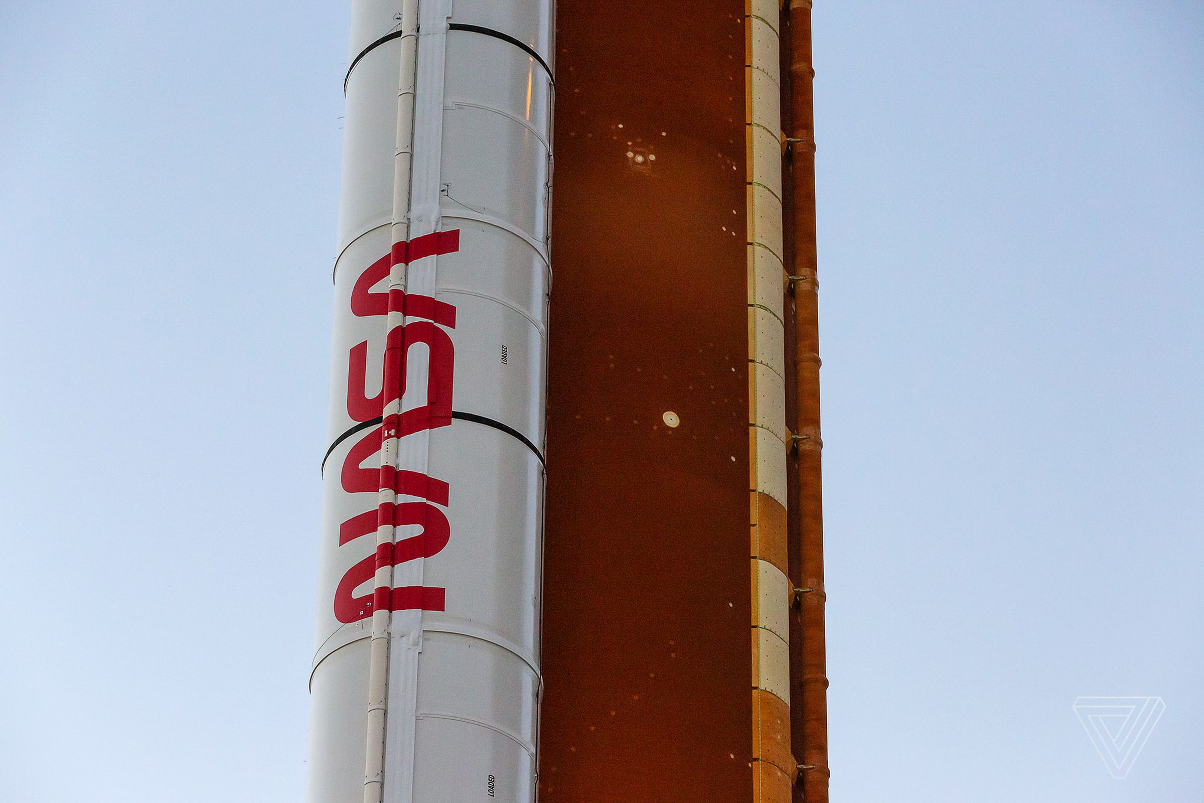 NASA’s Worm logo adorns the sides of the solid rocket boosters, which will help to provide extra thrust during liftoff.