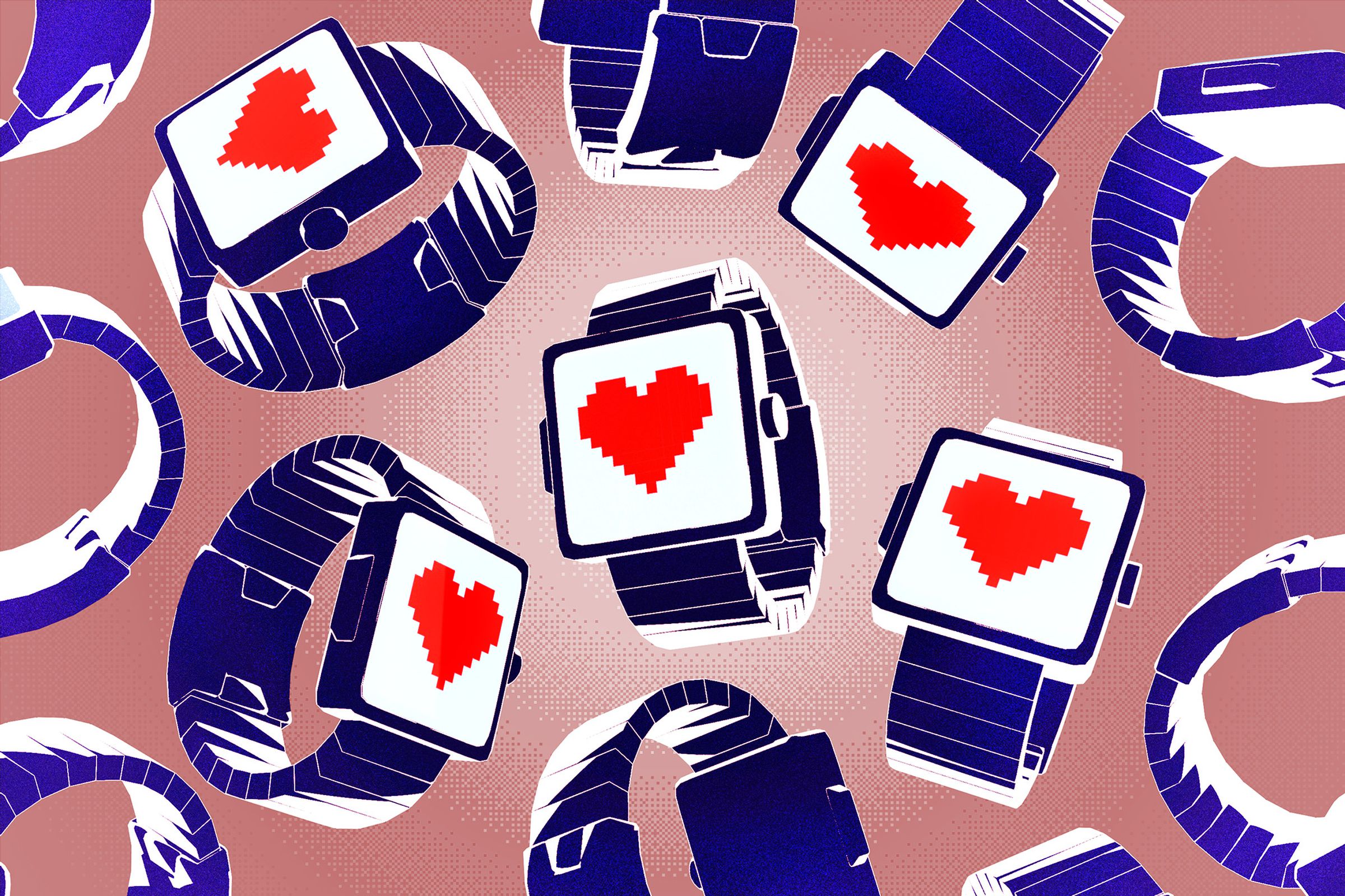 Smartwatches showing heart signs on their screens.