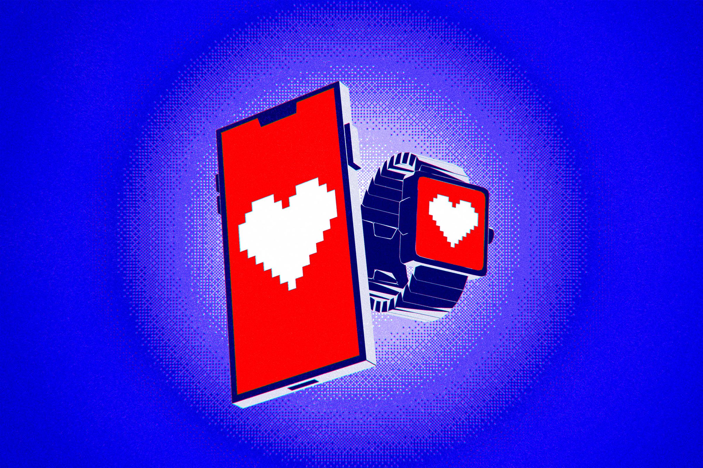 An illustration of an image of a phone and watch, with hearts on them.