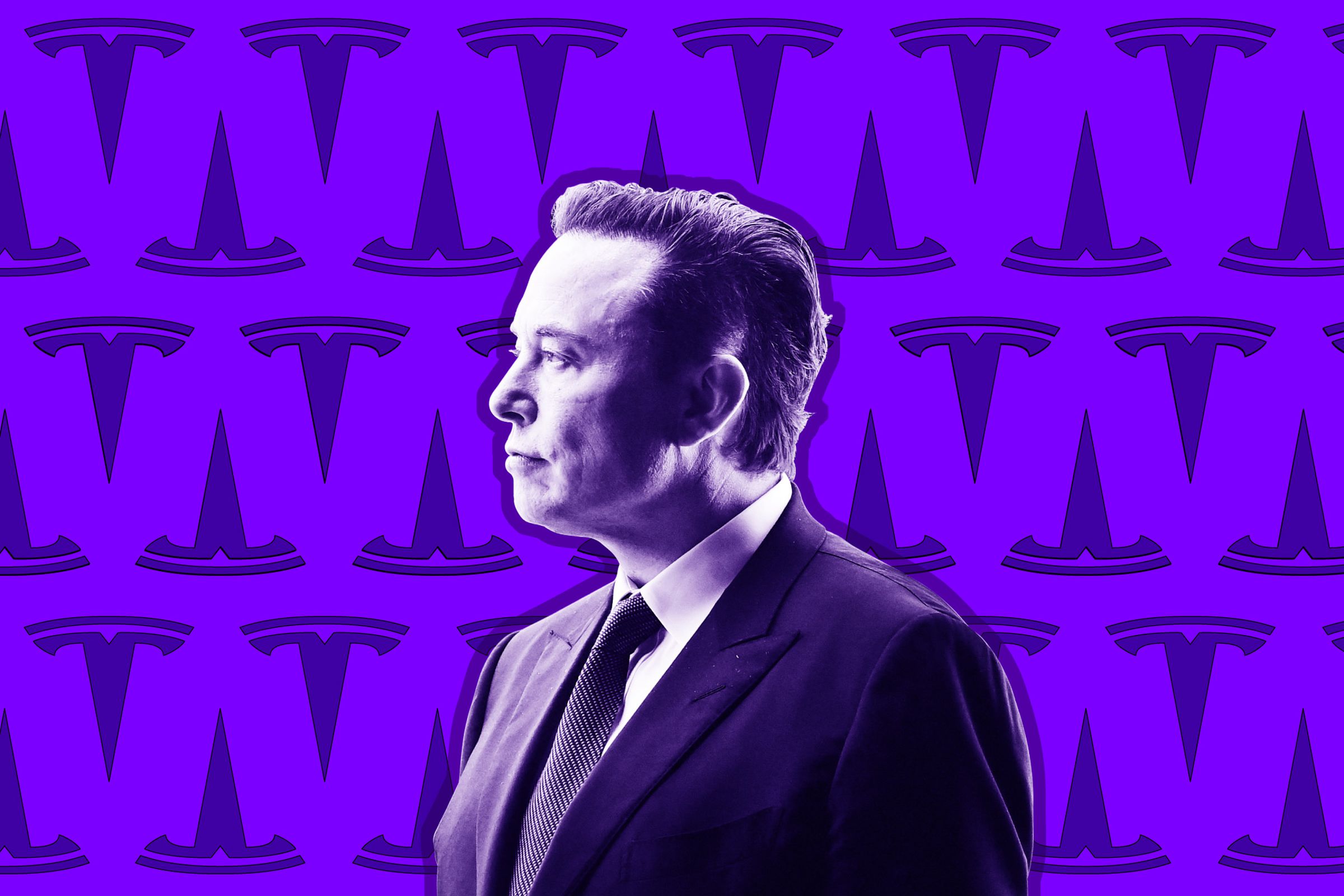 Elon Musk against a purple background of Tesla logos.
