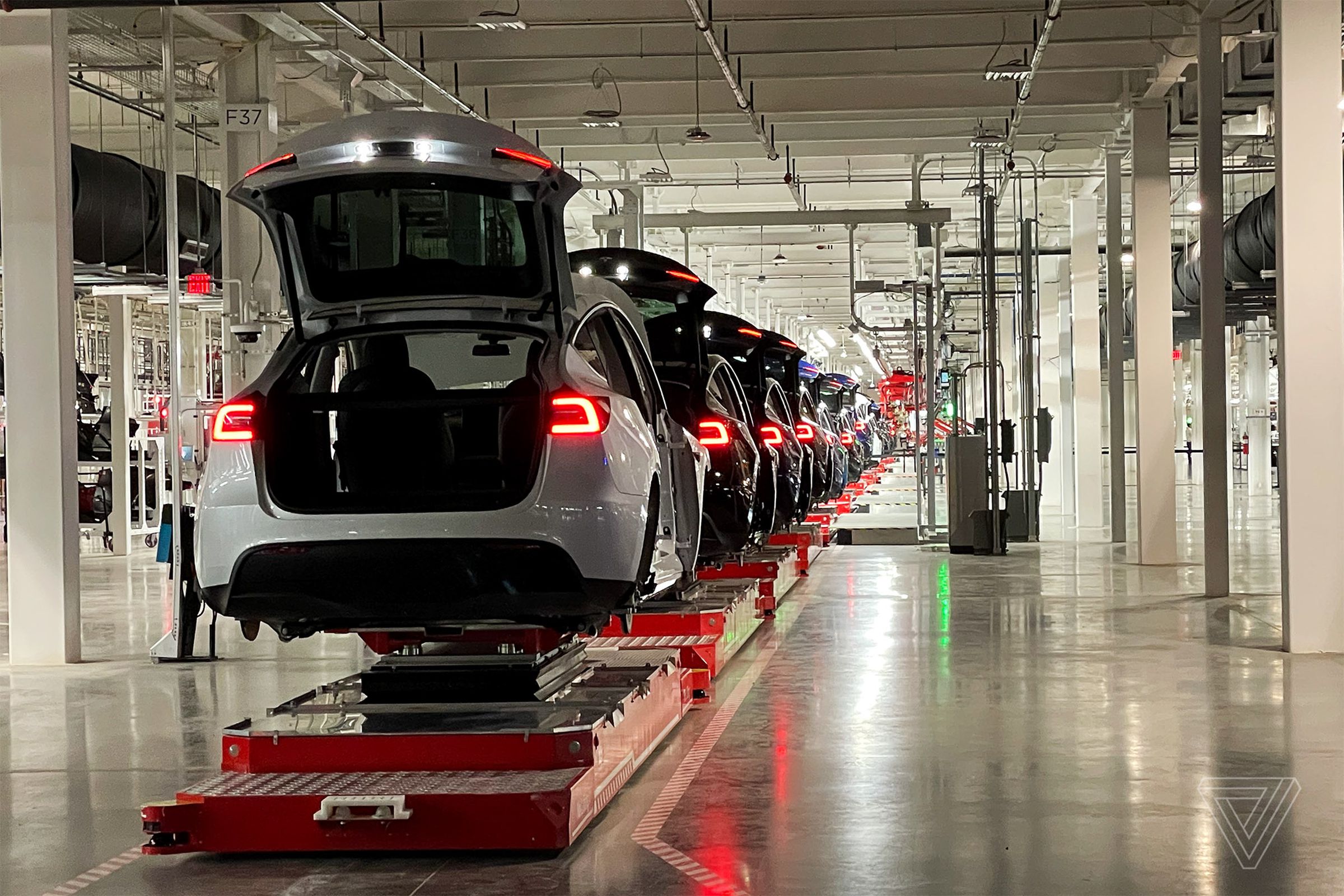 An assembly line of Model Y vehicles being built at the Texas Gigafactory.