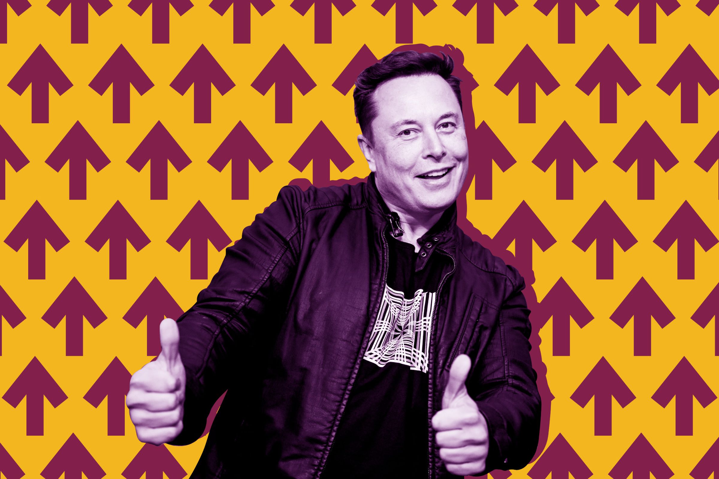 A photo illustration of Elon Musk making a thumbs’ up gesture, against background of arrows pointing up.