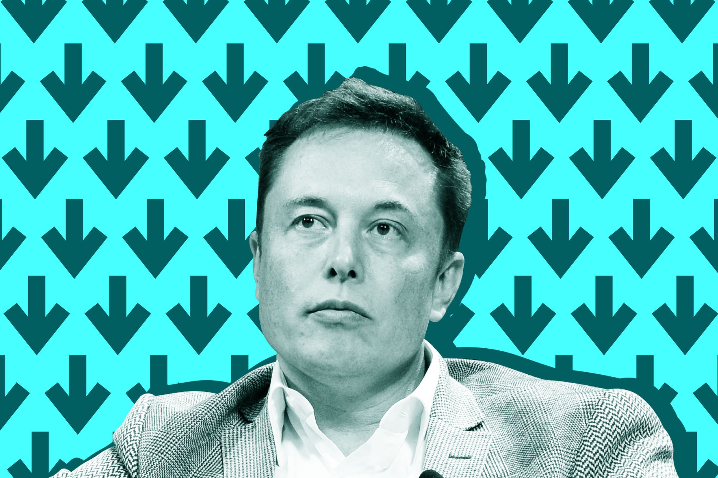 Elon Musk on a blue backdrop surrounded by downward pointing arrows