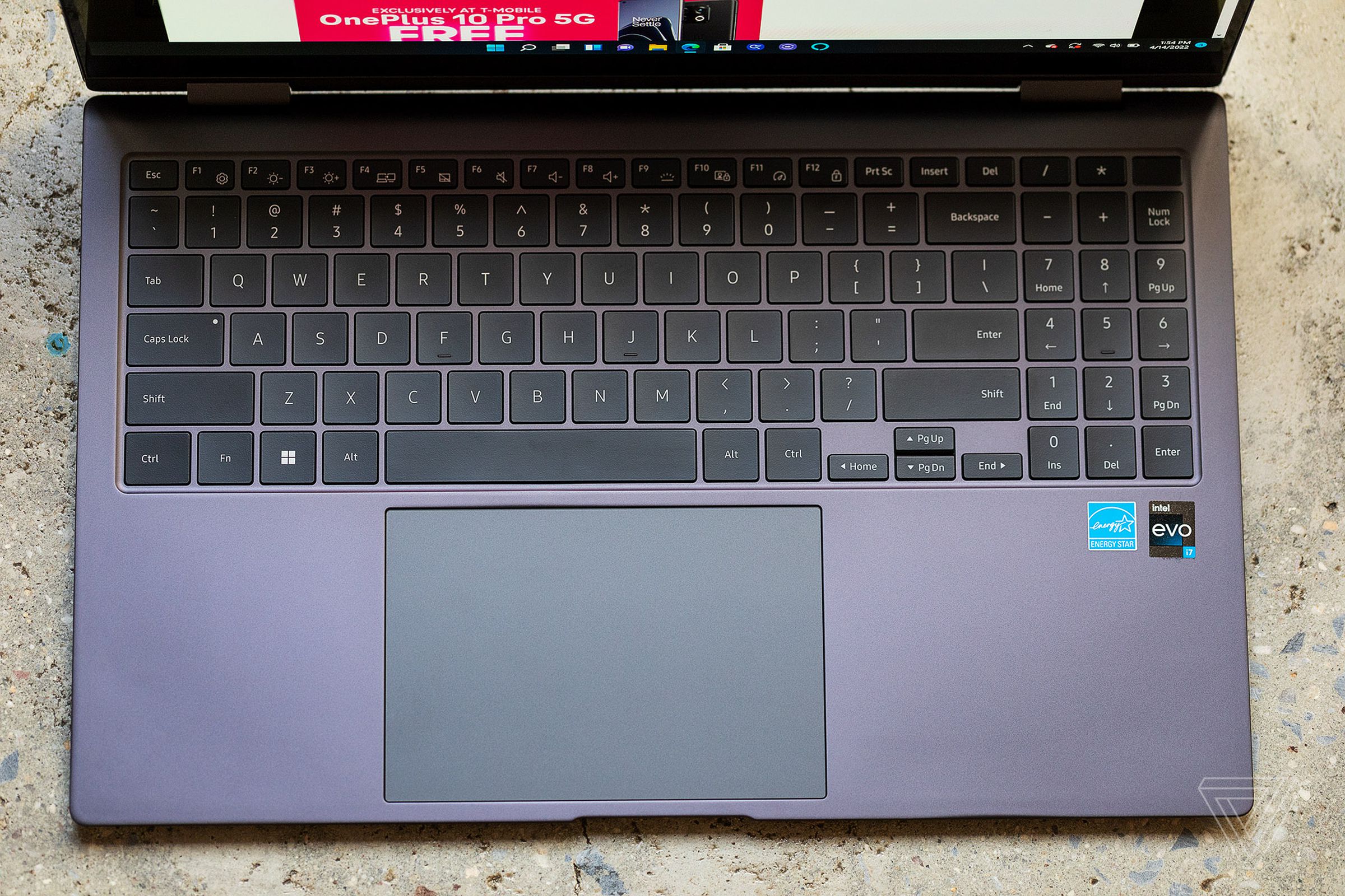 The keyboard of the Samsung Galaxy Book2 Pro 360 (15-inch) seen from above.