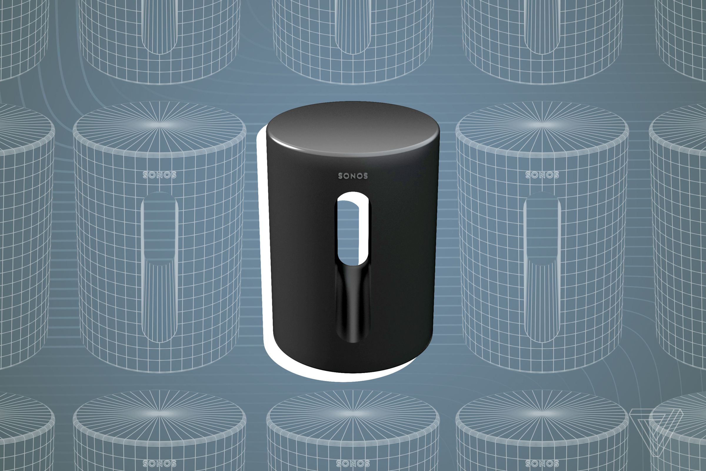 A 3D product rendering of the upcoming Sonos Sub Mini, as created by The Verge.