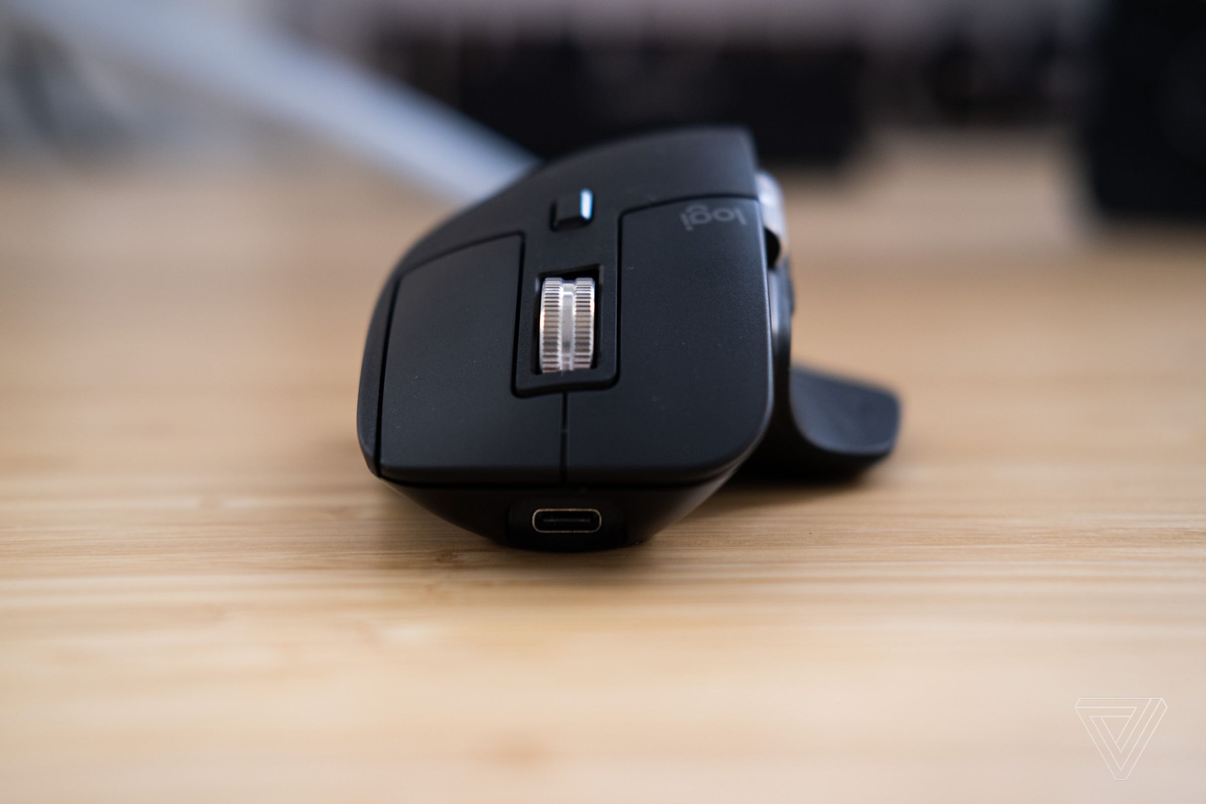 The Logitech MX Master 3S mouse as viewed from the front.