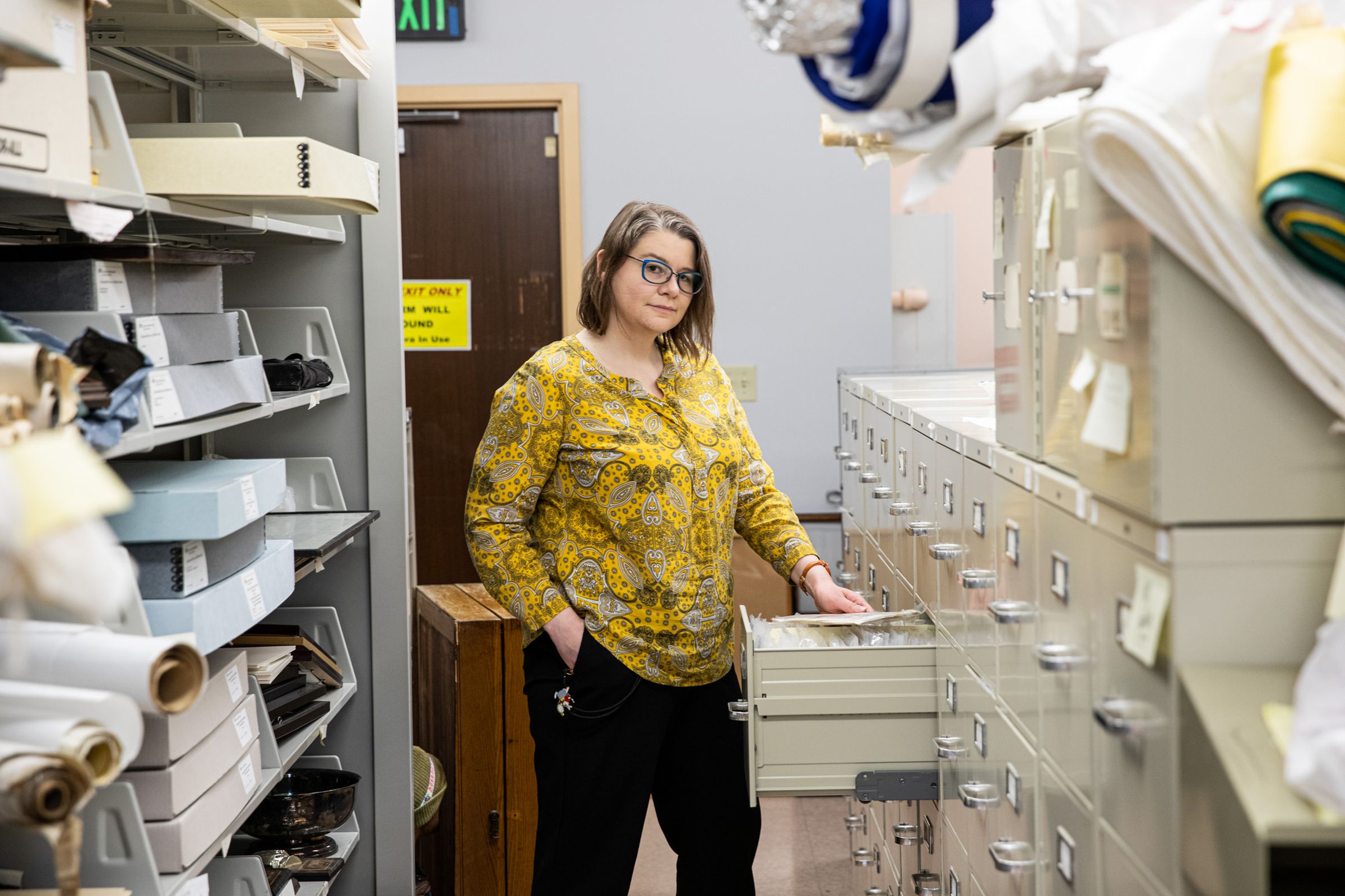 Director of Distinctive Collections, Karen Morse gives a tour of the Consumer Pattern Archive housed in Carothers Library at the University of Rhode Island in Kingston, Rhode Island on April 21st 2022.