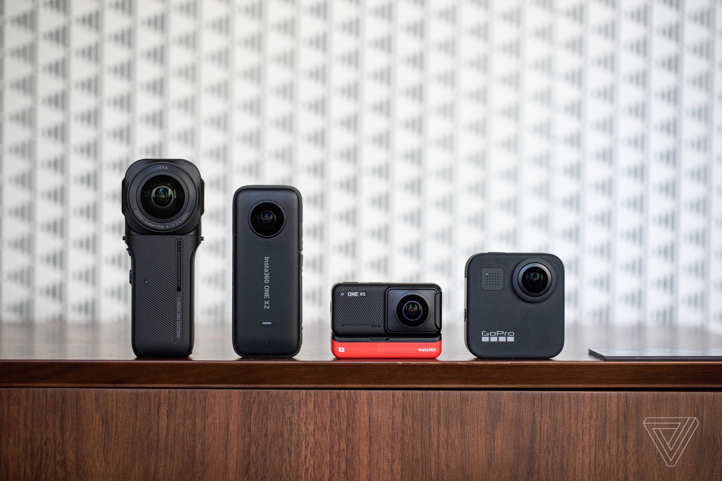 From left to right: Insta360 One RS 1-inch 360 edition, Insta360 One X2, Insta360 One RS with 5.7k 360 mod, and the GoPro Hero Max.