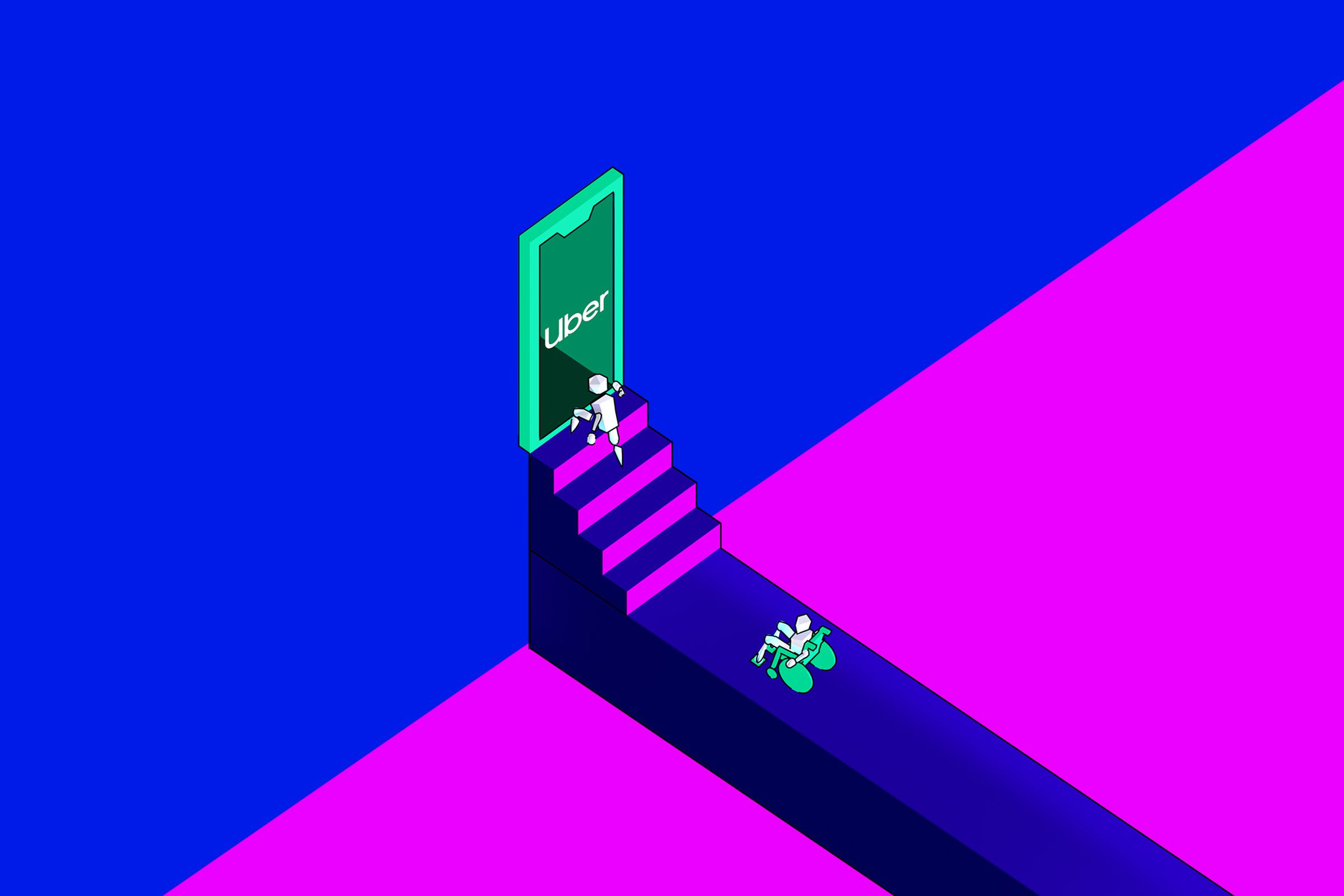 A character in a wheelchair watches from below as another character climbs stairs and walks through an opening in a wall labeled “Uber.” The opening is in the shape of a smartphone.