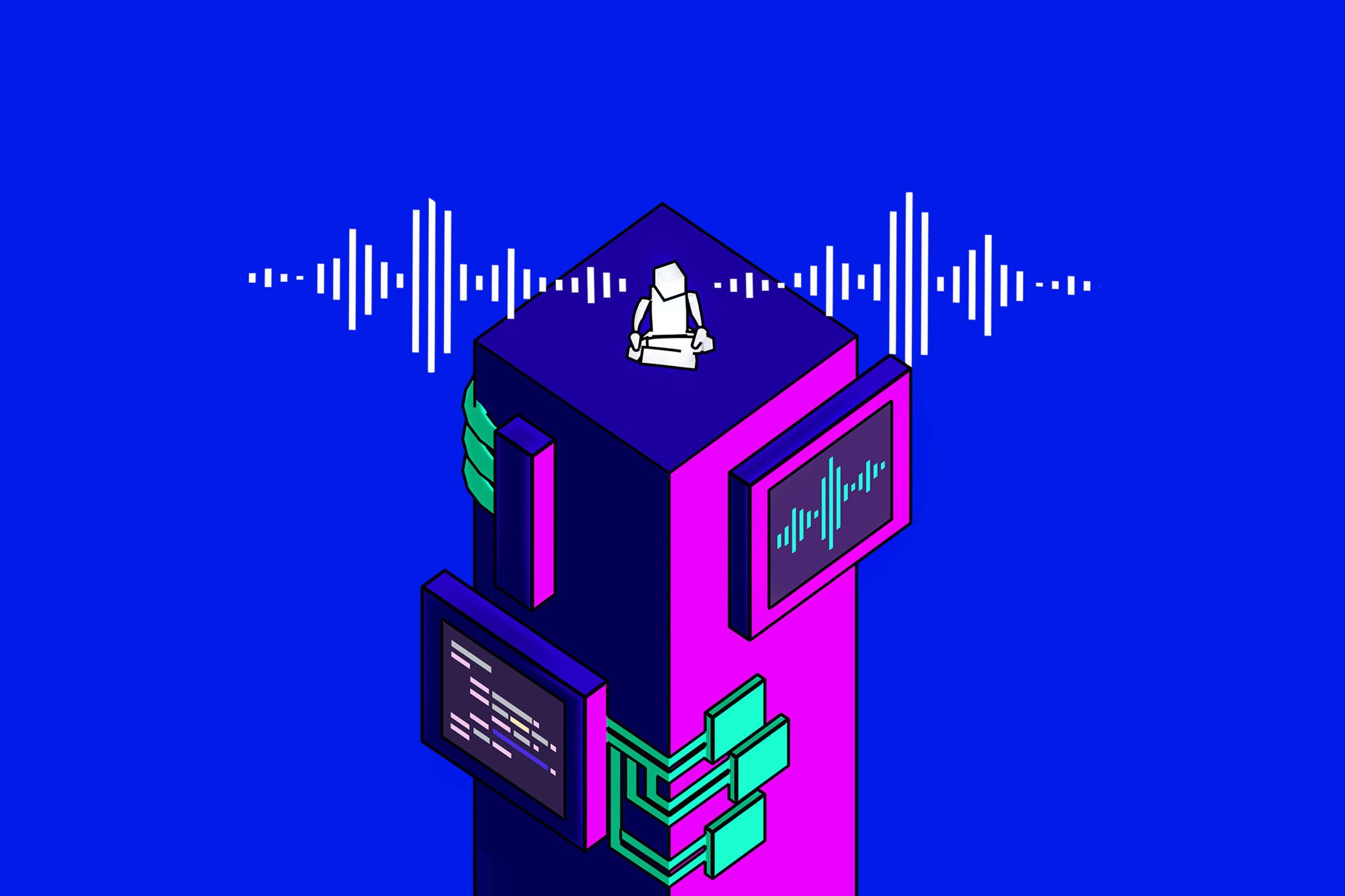 A character sits on top of a tower, with audio waveforms floating on either side of his head. The tower is covered in circuits and displays. The first display shows an audio waveform, and the one below shows code for a program. 