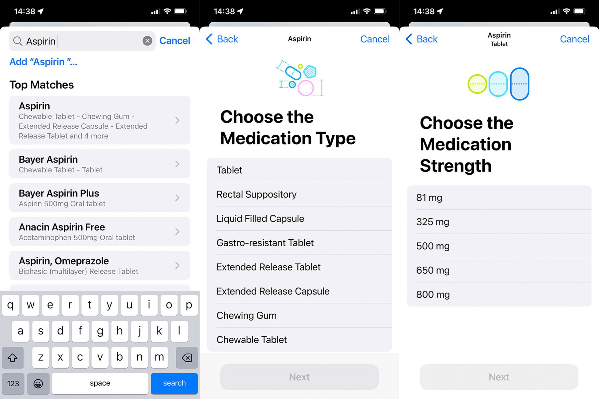 Step-by-step screenshots of how to add medication manually in iOS 16 public beta