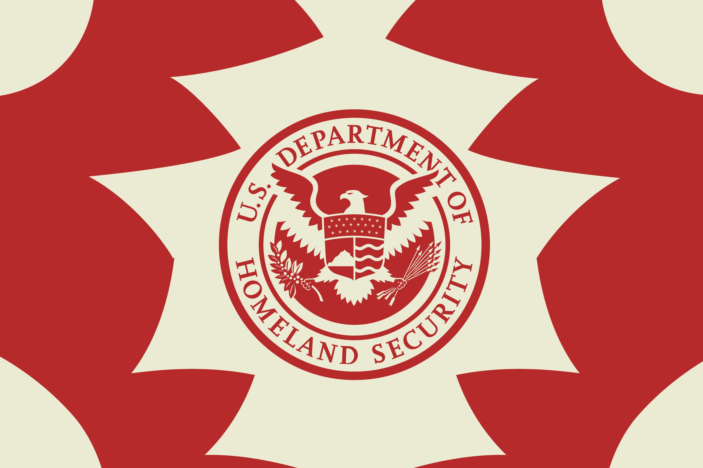 Illustration of the seal for the US Department of Homeland Security on a red and tan background.