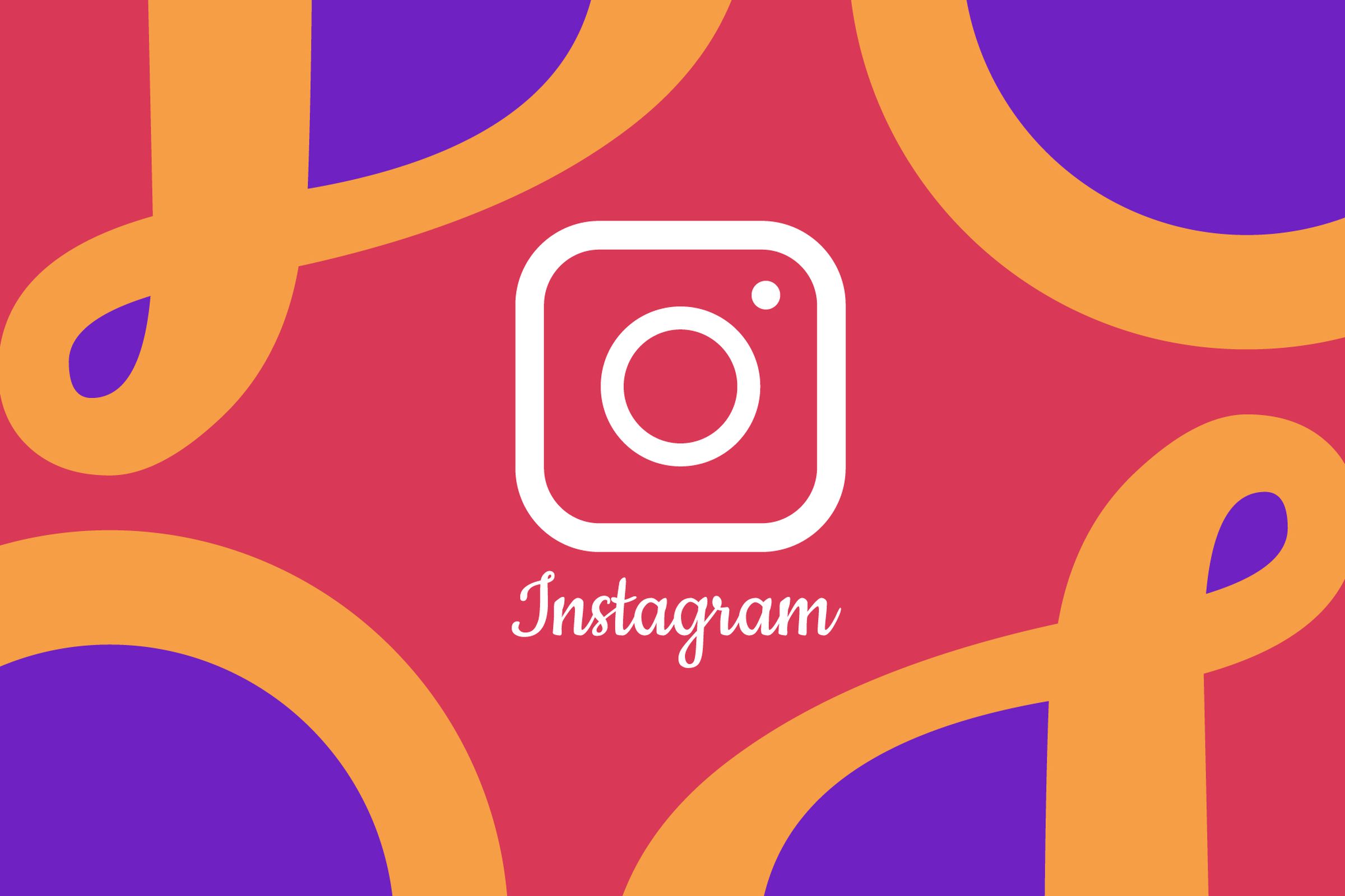 The Instagram icon is featured in the middle of a background filled with pink, orange, and purple shapes.