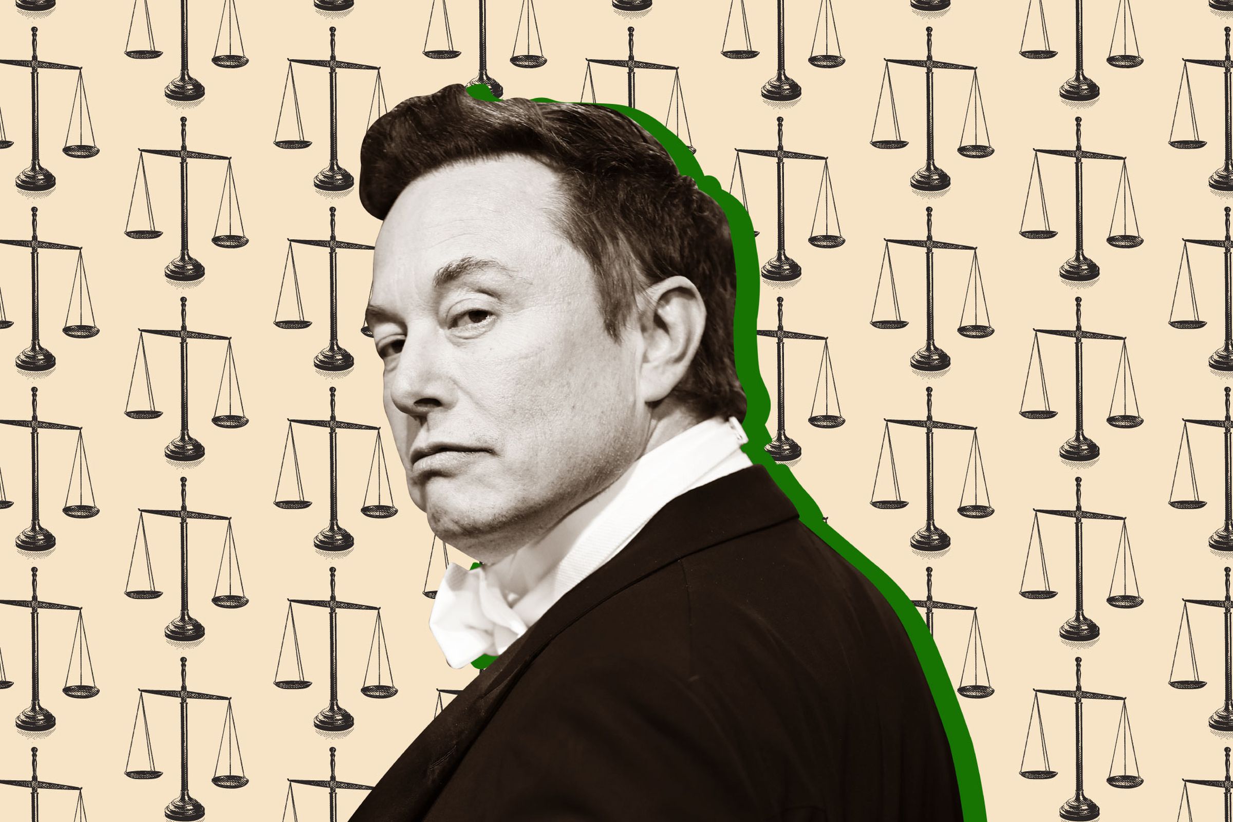 An image of Elon Musk in front of trial scales.