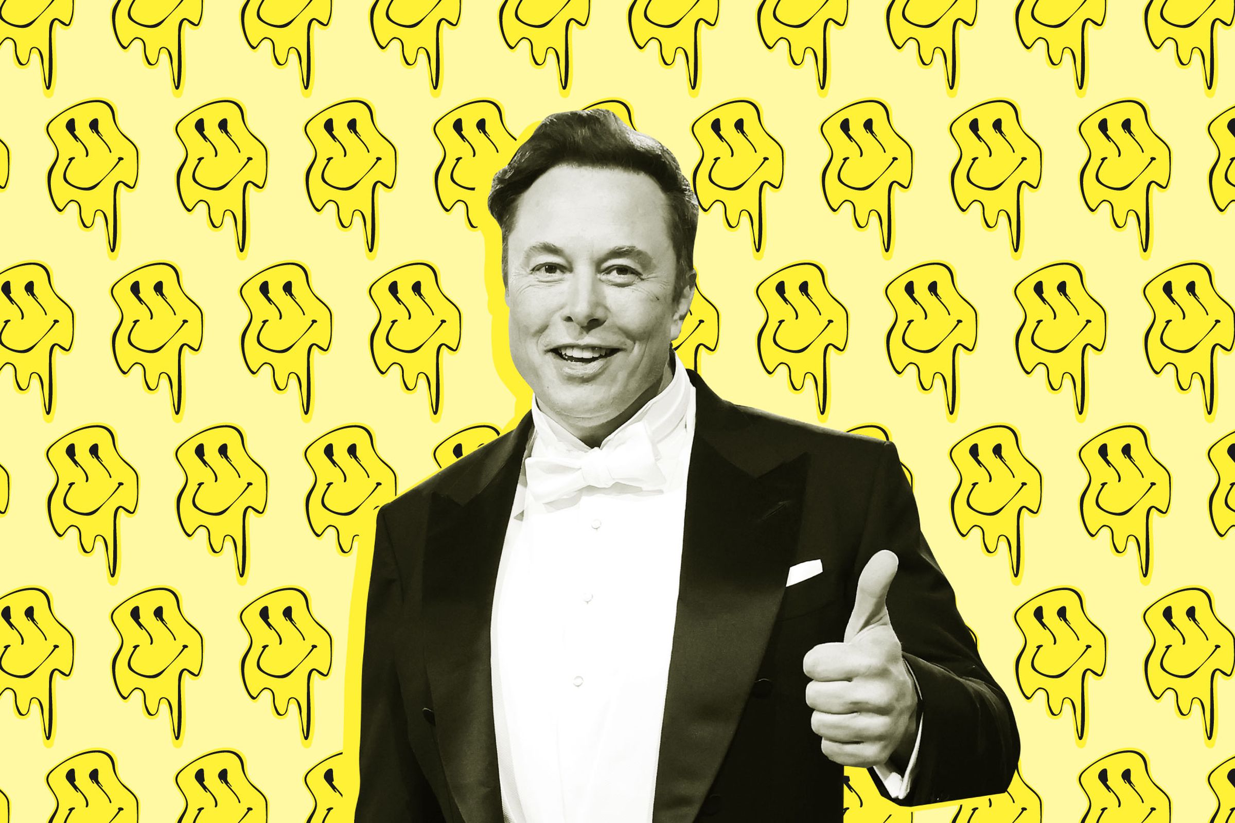 Elon Musk gives a thumbs-up while smiley faces melt in the background