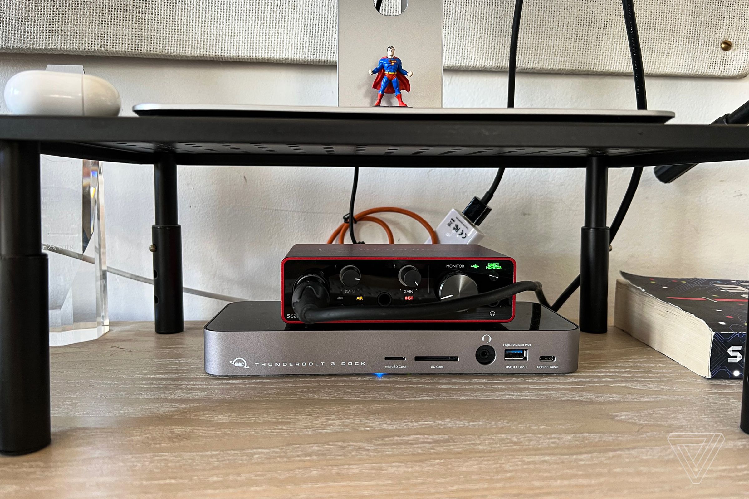 audio interface under a monitor stand