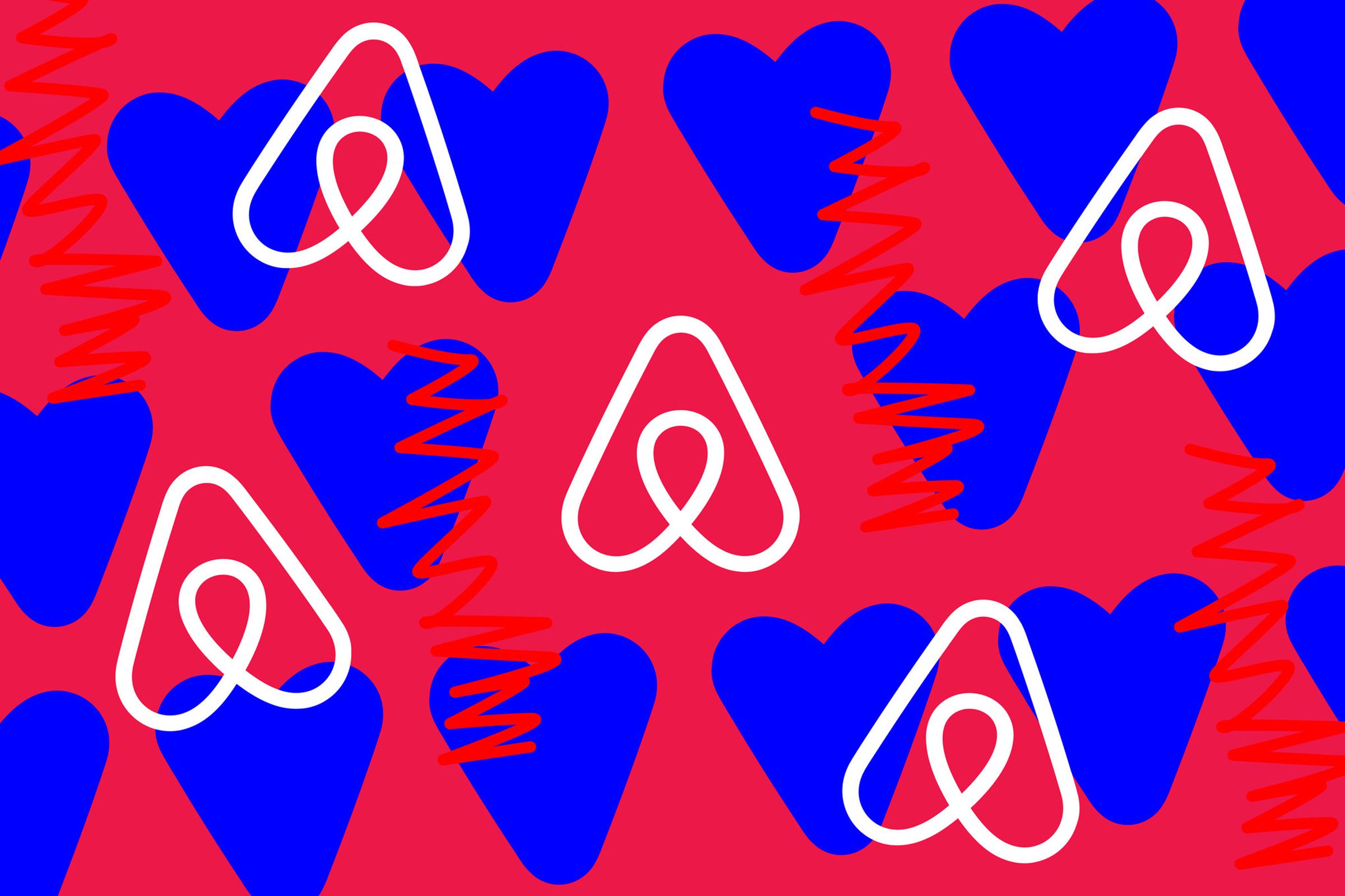An image showing the Airbnb logo in a repeating pattern on a red and blue background