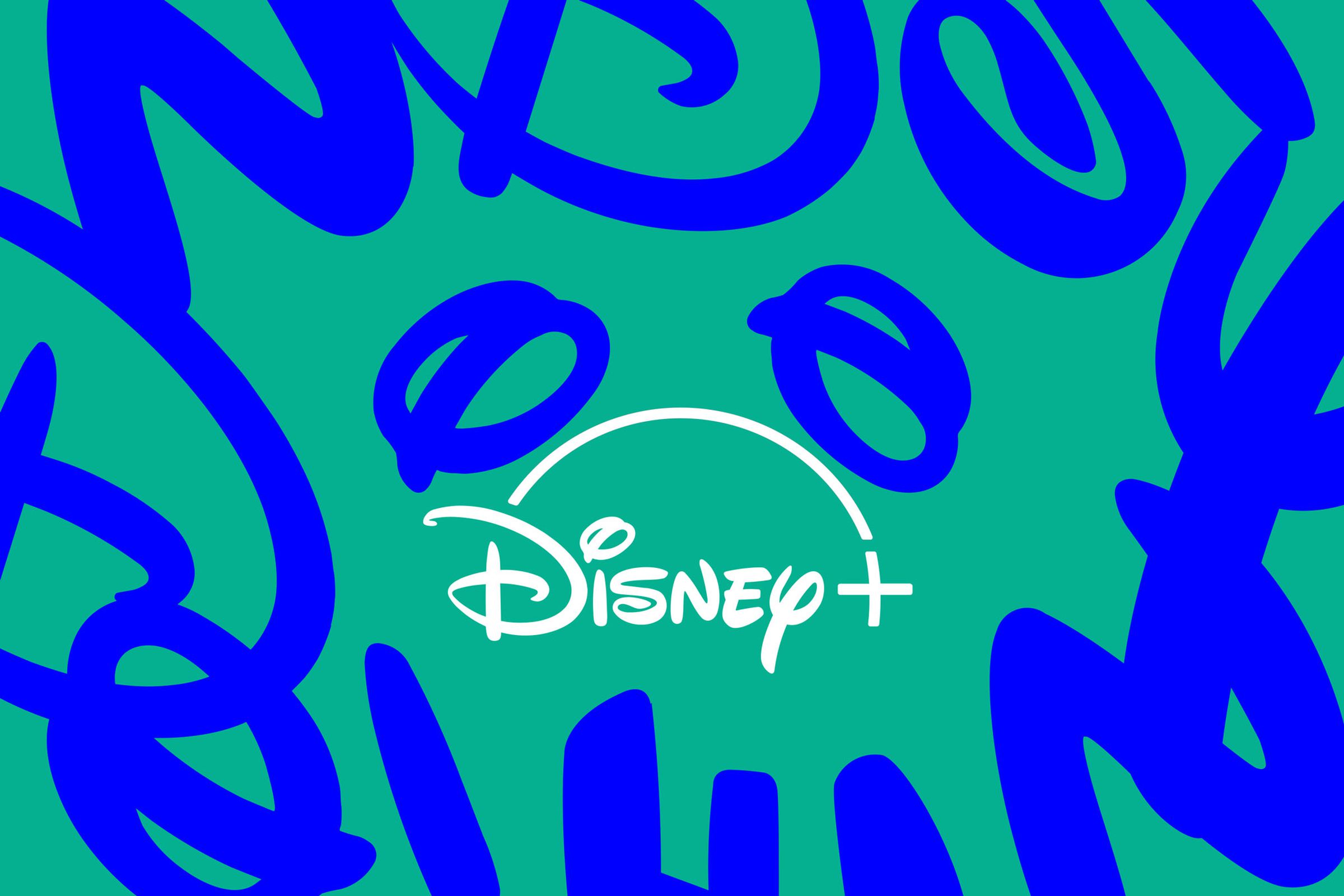 Image showing the Disney Plus logo, with two scribbles forming Mickey Mouse ears. The background is teal, with blue squiggles around the edge.